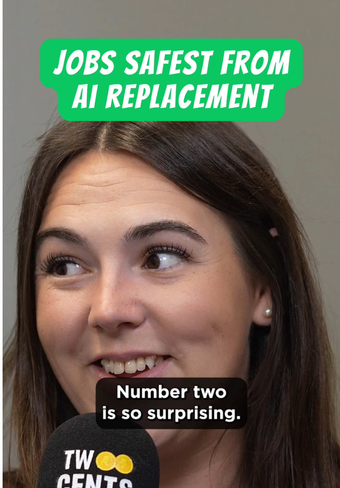 A post by @salarytransparentstreet on TikTok caption: Tune in to our podcast @twocents.sts to learn which jobs are most at risk (and safest) from Al replacement! Did you know that 12.6% of current US workers (19.2 million jobs) face high automation displacement risk? In this episode of Two Cents, Hannah and James break down which jobs are most at risk (and safest) from Al replacement and automation. Watch to find out! #salarytransparentstreet #salarytransparency #aijobs #aireplace #aireplacehumans #aireplacejobs #aisafejobs