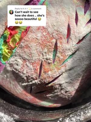 A post by @wheatculture on TikTok caption: Replying to @K A Y 💫 colorful sourdough bread reveal #sourdough #sourdoughstarter #sourdoughtiktok #sourdoughtok #sourdoughasmr #sourdoughcrunch #sourdoughclub #rainbowbread 