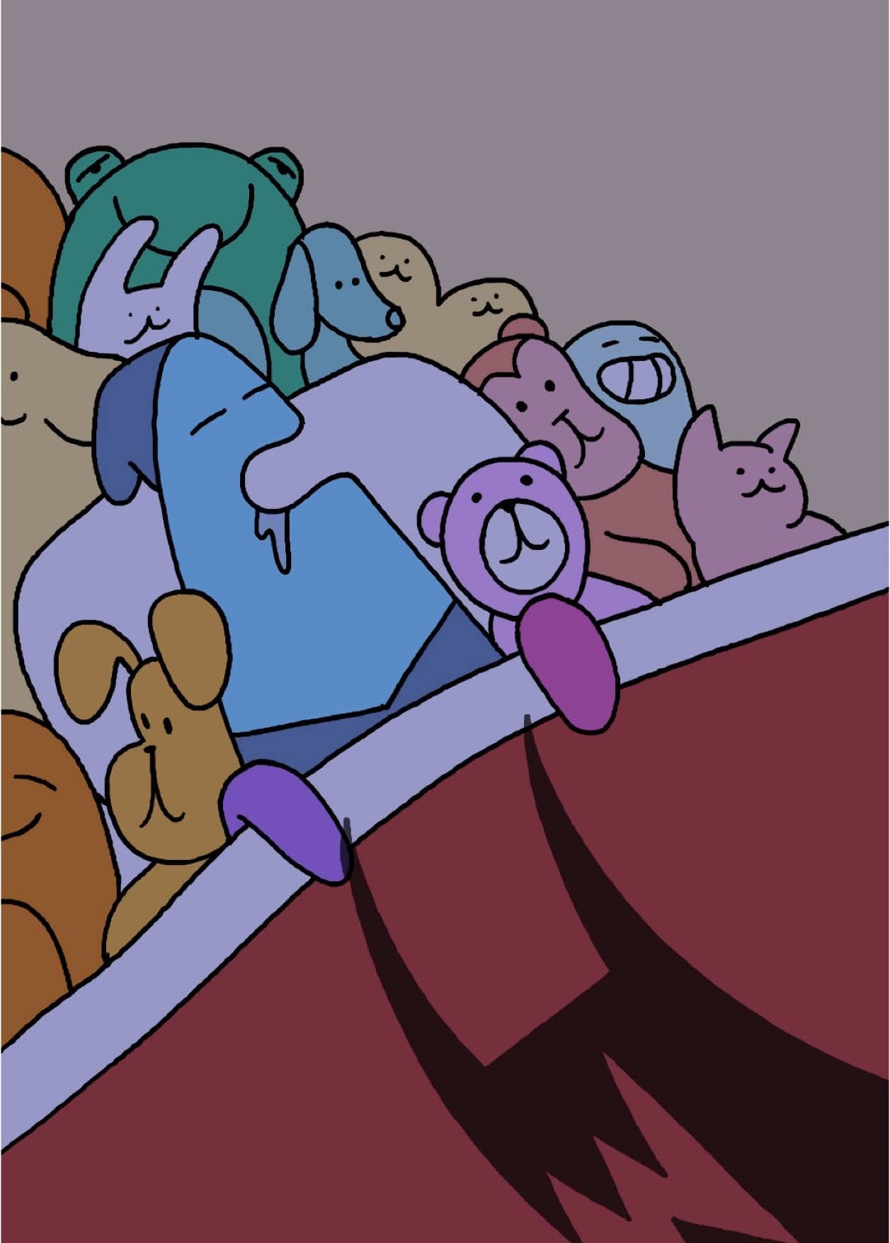 A post by @thelandofboggs on TikTok caption: My stuffies will protect me from my sleep paralysis demon #boggs #animation #plushies #sleepparalysis #sleepparalysisdemon 