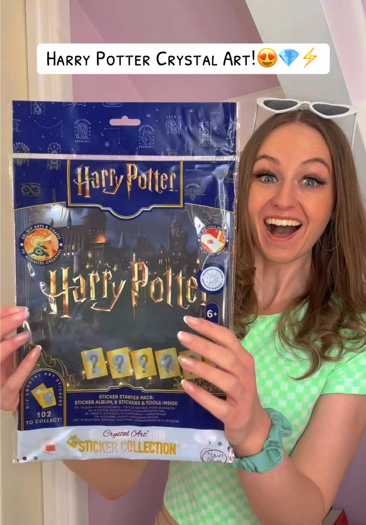 A post by @rhia.official on TikTok caption: Let’s open a MYSTERY Harry Potter Crystal Art pack!😍💎⚡️⁉️which one should I do next?!✨ #asmr #foryou #harrypottercrystalart #harrypottercrystalartstickeralbum #crystalart 