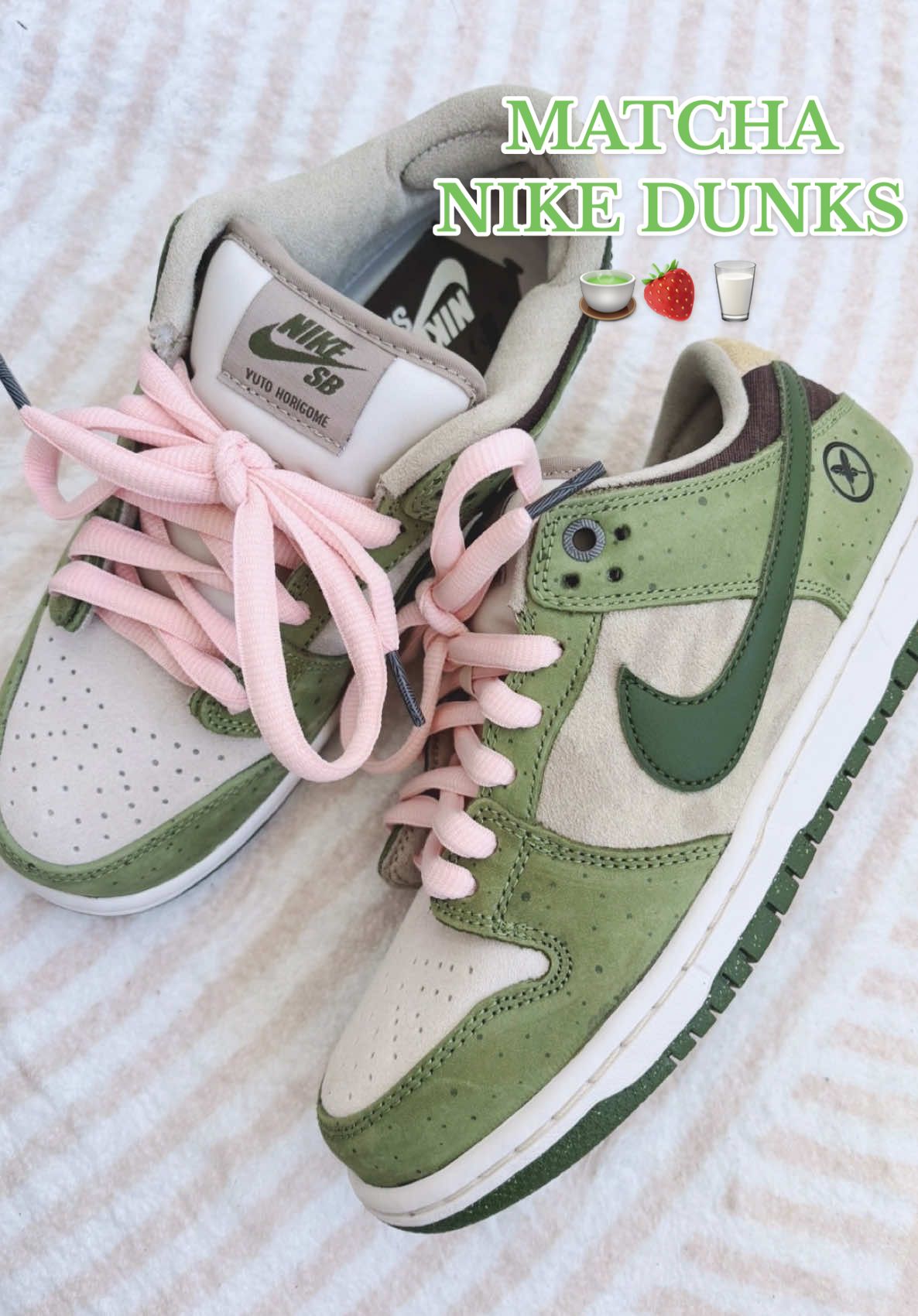 A post by @nintendo.grl on TikTok caption: these shoes are my new personality now btw. MATCHA SHOES 🍵🍡 // #matcha#strawberrymatcha#nike#dunks#fashion#trinkets 