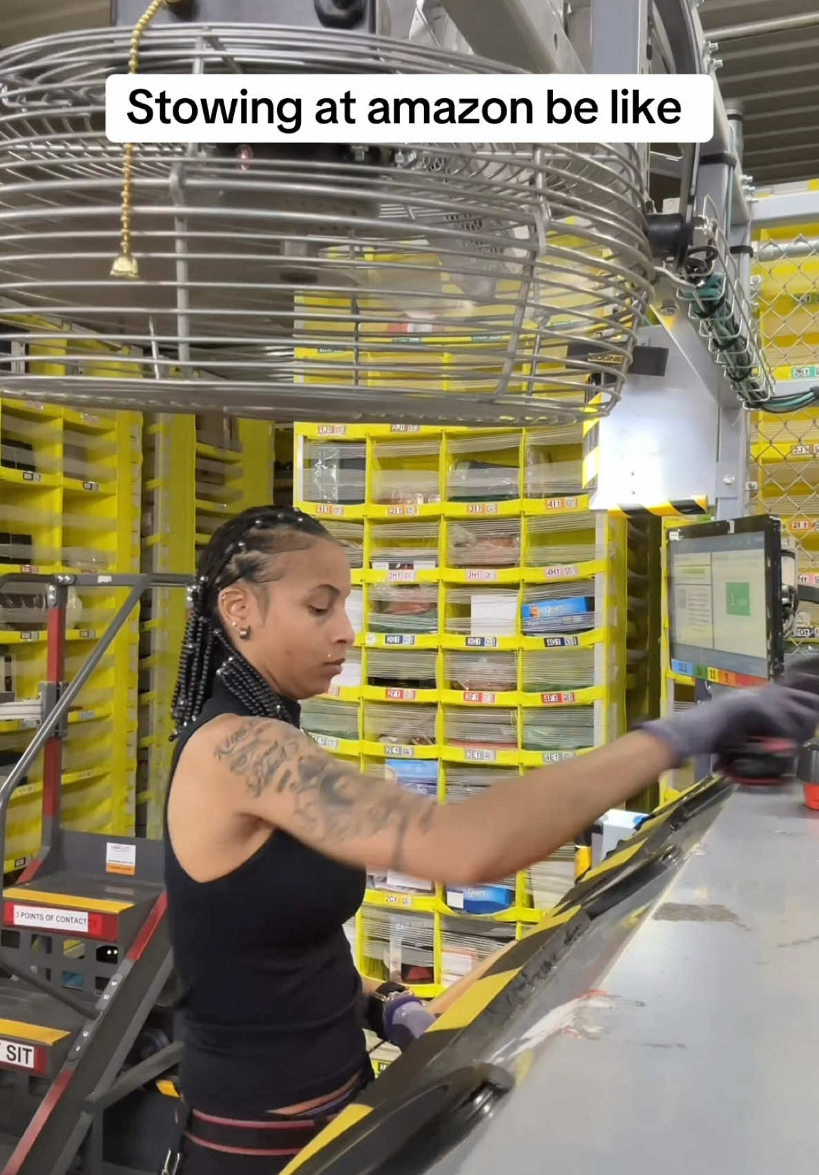 A post by @deveoncrystal on TikTok caption: Stowing at Amazon be like 