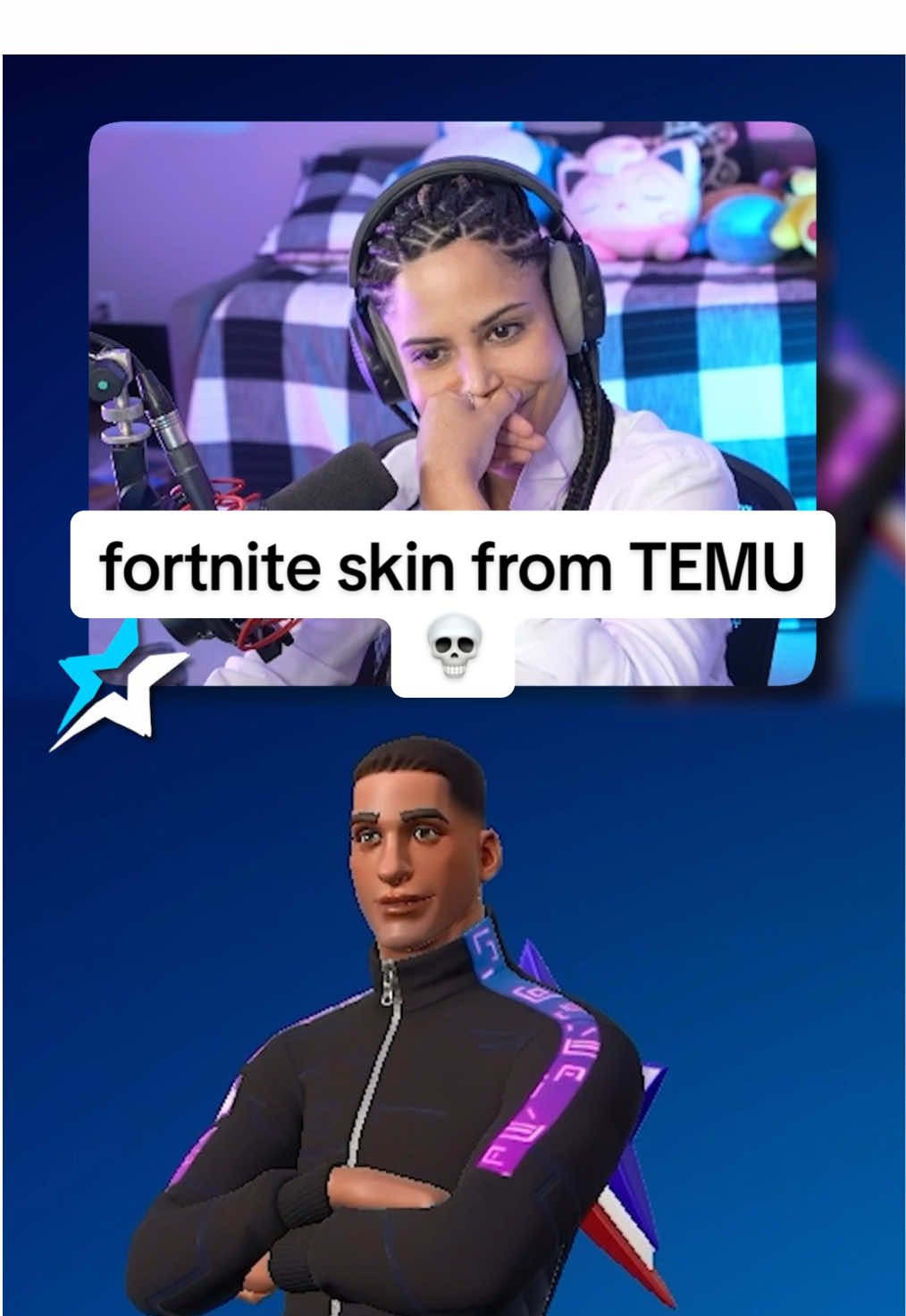 A post by @chica on TikTok caption: I got a Fortnite Skin From TEMU😂 #fortnite #trending #fortniteskin #fyp #gaming #viral 