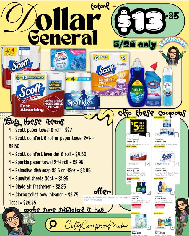 A post by @citycouponmom on TikTok caption: 🔥Dollar General - here’s a few options & scenarios for This Saturday! 🫶 - Saturday 5/24 - Make sure subtotal is at the threshold! - Make sure items attach to the digitals! - Should work at both old & new systems… some coupon values may adjust down when it comes to new systems which can effect the total #dollargeneraldeals #dollargeneralcouponing #dgdeals #couponing #coupondeals #couponingdeals #dollargeneral #coupontok 