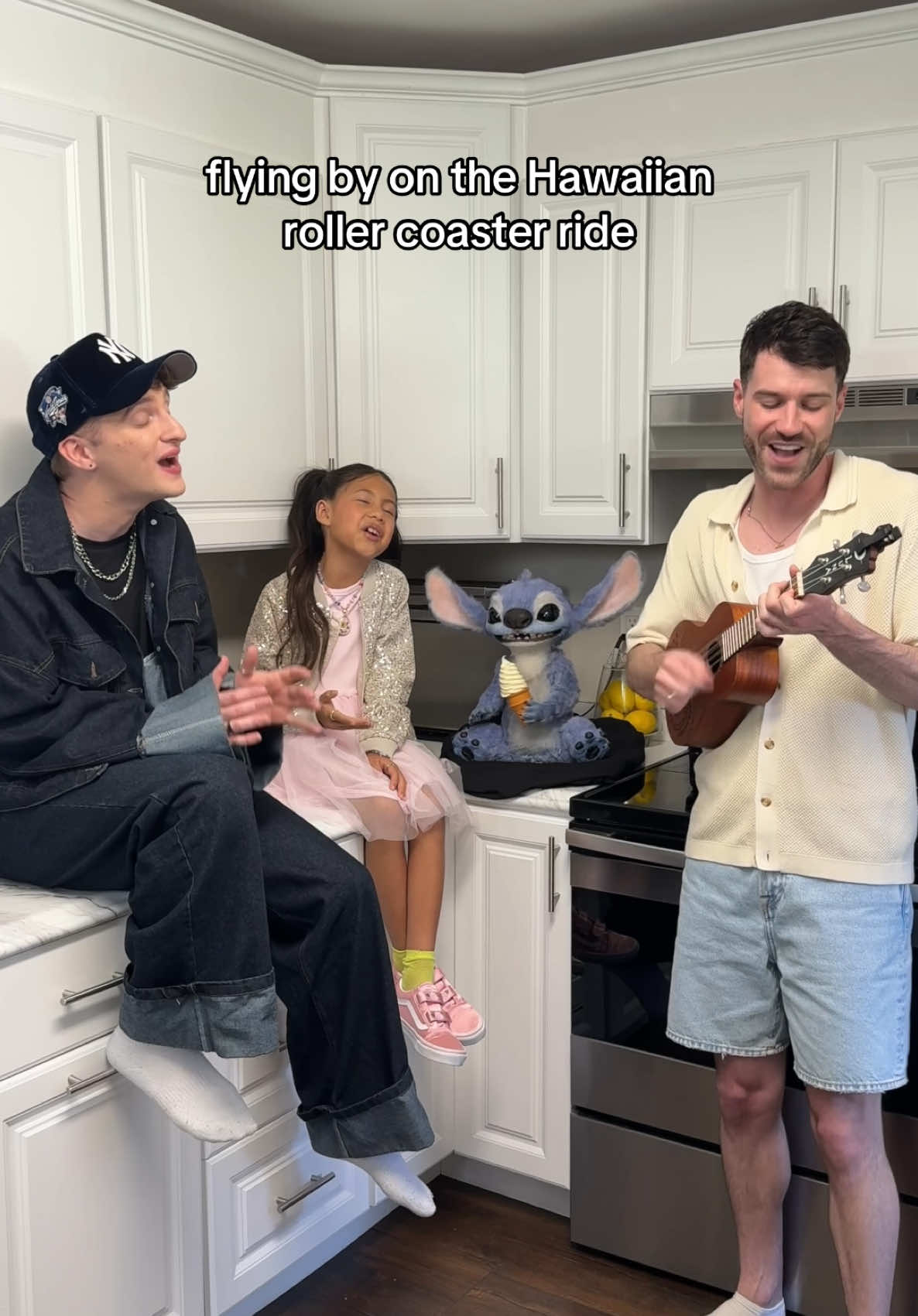 A post by @anthony_gargiula on TikTok caption: so happy to have @Maia Kealoha (and Stitch!) join our kitchen ‘ohana 🤍🌺 @jonathantilkin 🫶🏻 #sing #disney #liloandstitch #maiakealoha