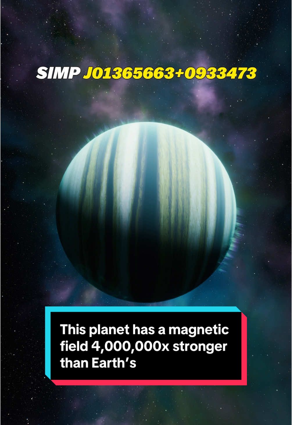 A post by @astrokobi on TikTok caption: This exoplanet has a magnetic field 4,000,000x stronger than Earth’s, meaning it is covered in planet wide Auroras! #space #exoplanet #science #physics #astrokobi 