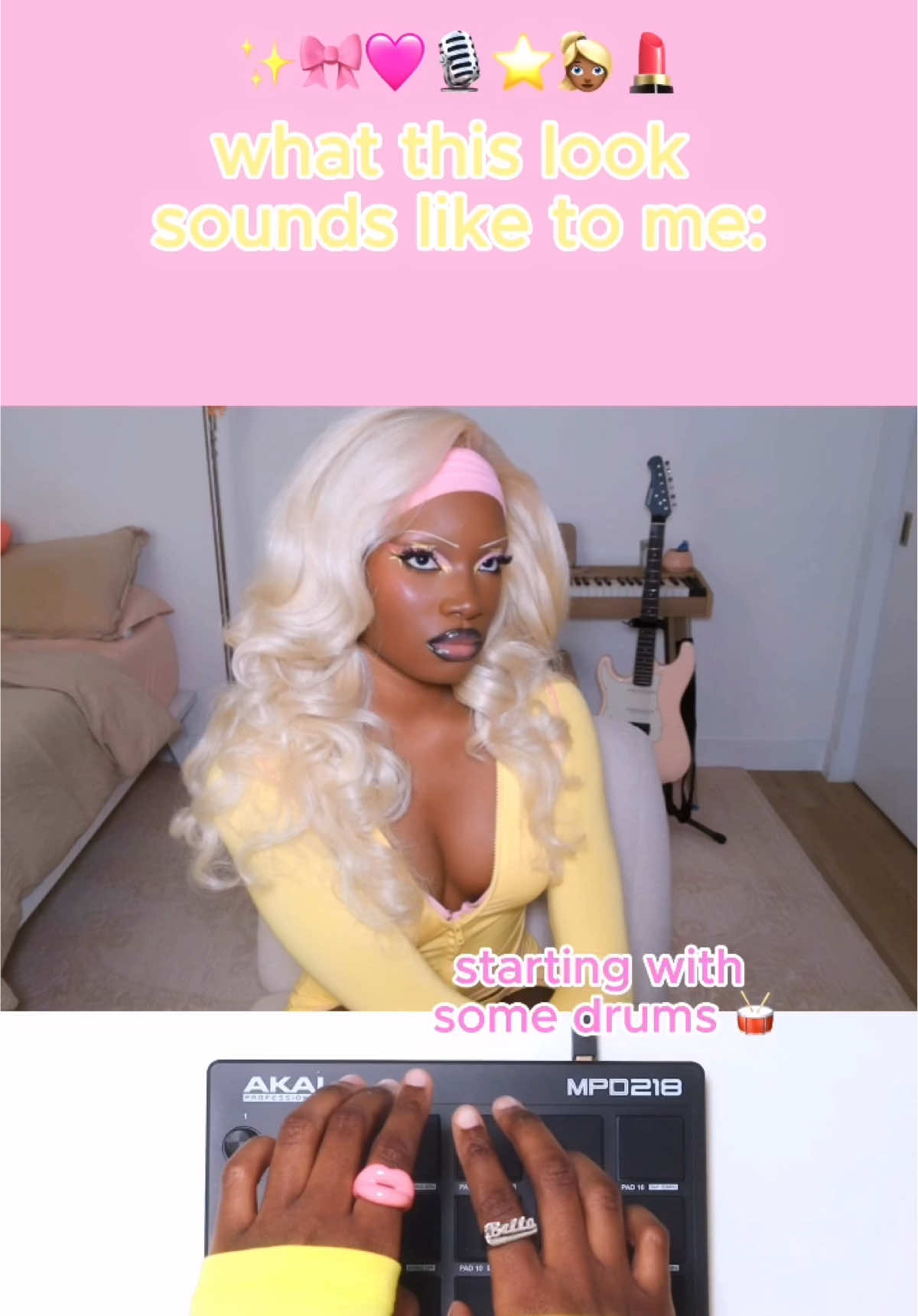 A post by @ on TikTok caption: beauty & a beat e.5 💗✨ #fyp #makeupinspo #makeupartist #musician #producer #musicproduction #ableton #abletonlive 
