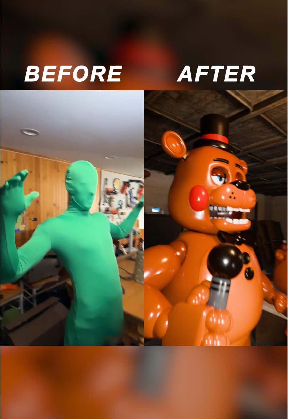 A post by @joshvfx on TikTok caption: Trash can + green tape = perfect Freddy mask #fnaf #behindthescenes #vfx 
