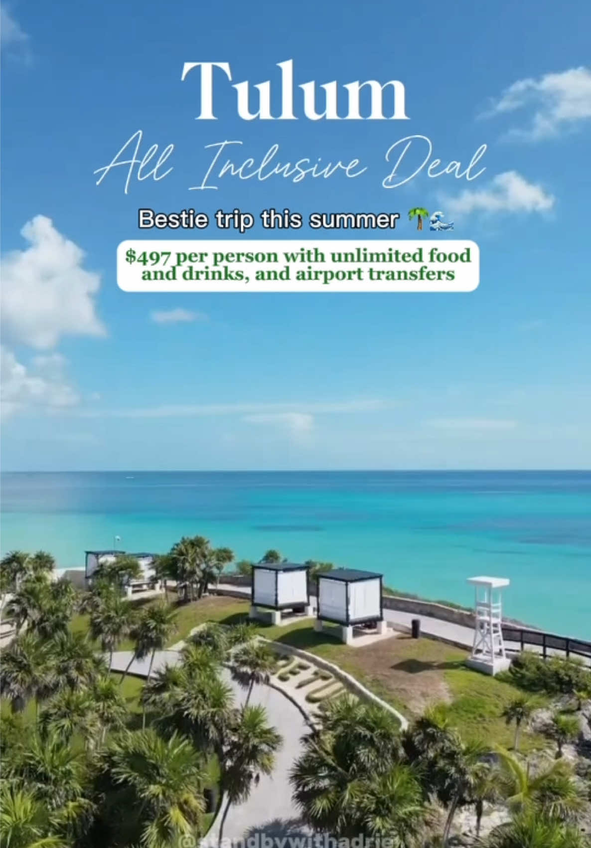 A post by @standbywithadrie on TikTok caption: TULUM ALL INCLUSIVE DEAL 🌴 perfect for  summer and fall 2025  Comment Tulum ⬇️ Are you tired of researching and planning your own trips?  Memorial Day sale SAVE on all services ➡️➡️VISIT THE 🔗 in b!o to book Payment plans available! 🔗 in b!o to start ‼️pricing and availability may vary until a deposit is made, any deals posted on this page must be booked through our travel agency, to know your options or resort names request a quote or book our flight and hotel deal to get started booking this package deal- please read each description before purchasing ‼️ #cancun #traveldeals #travelagent #allinclusive #allinclusiveresort #travelgram #travelblogger #travellife #cancunmexico #budgettravel #luxurytravel #travelblogger #travelcontentcreator #tulum #tulummexico #mexicotravel #travelplanner #honeymoon #girlstrip #baecation #memorialdaysale 
