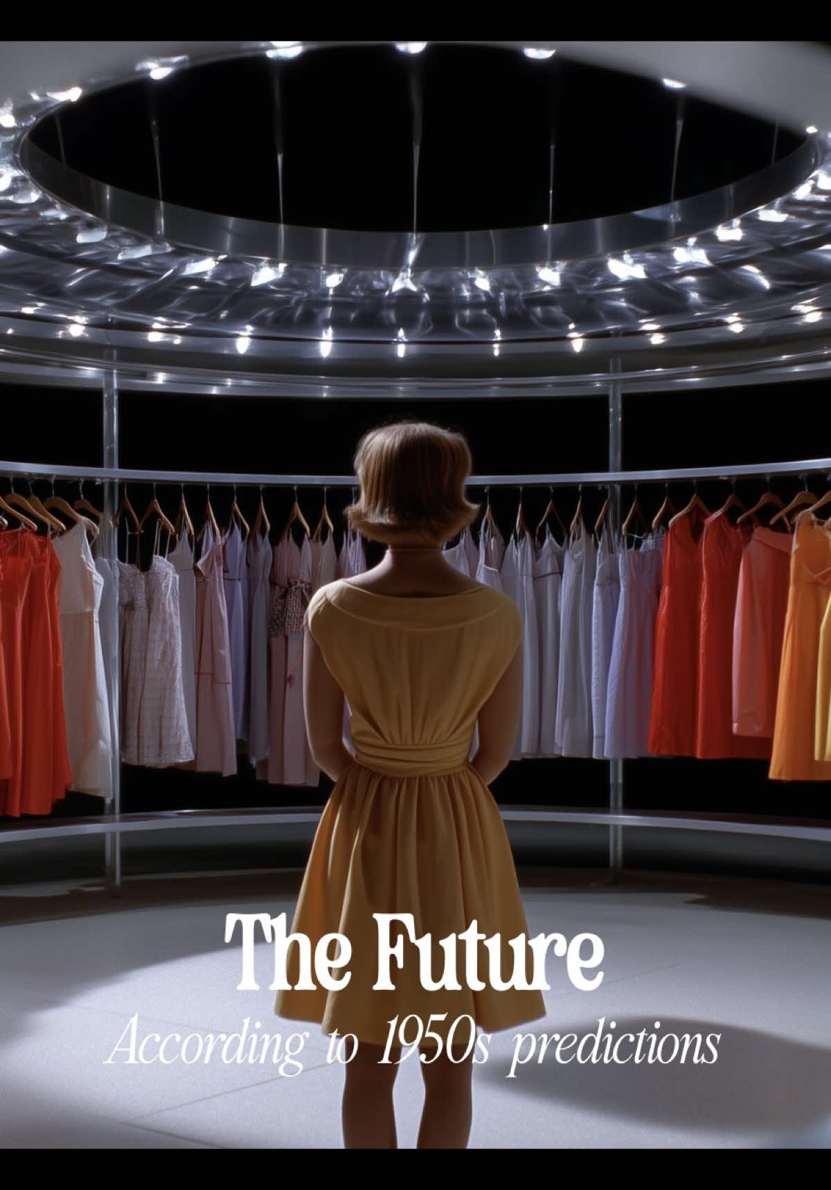 A post by @liminaldestinations on TikTok caption: [AI] The future as it was dreamt in the 1950s. These cinematic recreations explore a world built on optimism, chrome, and controlled perfection, where robot assistants did your makeup, Martian homes were the norm, and VR was a family affair. Every scene draws from atomic-age imagination: monorail diners, bubble-roofed cars, and closet systems lit like space capsules. A time capsule of what could have been. Don’t forget to shop our merch! Commissions are open! #retrofuturism #1950s #midcenturymodern #retroaesthetics #atomicage #spaceage #retrointeriors #vintage #aiart #retrohomedecor #scifiaesthetics #futuristichomes #scifi #futurism #timecapsule 