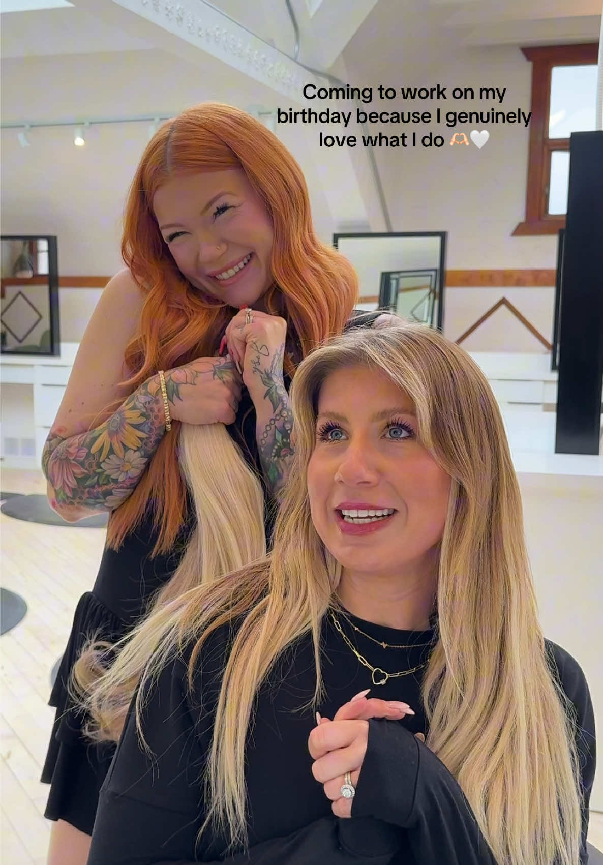 A post by @abbeybrookee on TikTok caption: Going to work on my birthday because doing hair is what makes me happy 🫶🏻🤍 #copperhair #creamyblonde #hairextensions #hairtok 