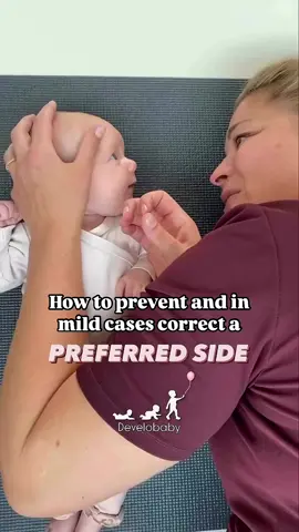 A post by @develobaby on TikTok caption: This tip is for you if your baby has a preferred side (prefers to look to the same side).  Preferred side is important to prevent or correct as it is the main cause of one sided flat head and asymmetrical development. Place your own face to the non-preferred side to give your baby sensory input while you gently help your baby’s head all the way to the side. Repeat every time you change your baby’s diaper until your baby comfortably sleeps to both sides. This exercise will often be enough to correct asymmetrical development if you detect the preferred side early. If your baby has had a preferred side for a while the exercise is only a part of several correcting exercises that you can get from your local pediatric PT or from me in my online video based course “Develobaby - preferred side”.  www.develobaby.com  Have you noticed a preferred side in your baby?  With love,  Maria ♥️ (Your pediatric PT from Denmark 🇩🇰)  . . . . #Babypt #paediatricpt #paediatricot #strongbaby #maternityleave #breastfeeding #newborn #babyexercise #nappychange #parenthack #momhack #csection #birthstory #kidspt #preferredside #plagiocephaly 