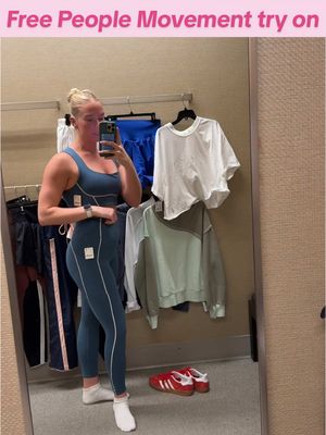 A post by @bethannebrice on TikTok caption: I’m curious to hear yalls honest thoughts on the pants😂😂 also being in a dressing room alone felt so isolating idk why I did that to myself LOL but ILY @FP Movement 🩵#freepeoplemovement #tryonhaul 