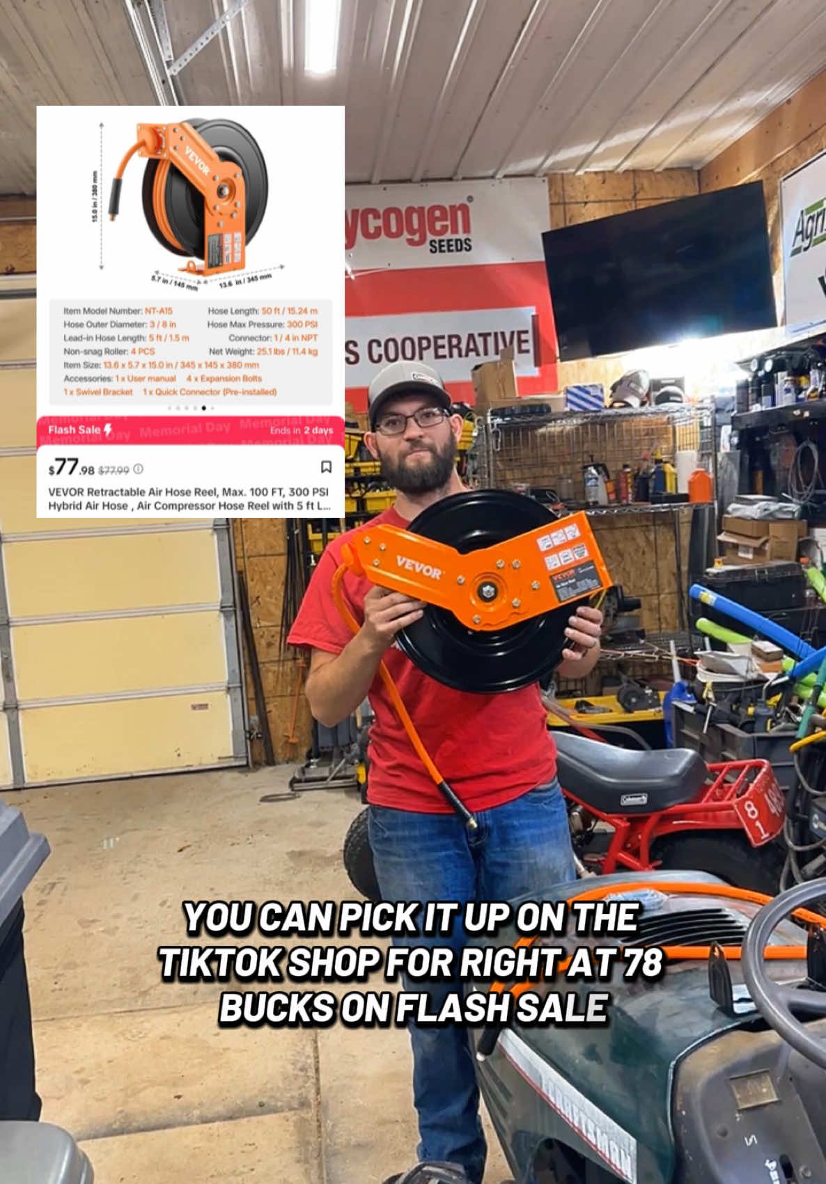 A post by @ on TikTok caption: 🎯 Tired of tangled hoses and tripping hazards? THIS is your garage upgrade! 🔧🔥 This VEVOR Retractable Air Hose Reel is BUILT TO WORK 50 ft hybrid hose, 300 PSI, and a heavy-duty steel frame 💪 Perfect for wall or ceiling mount, and it even comes with a swivel bracket + quick connector 👌 🚨 FLASH SALE: Only $77.98 for a limited time 📦 10,000+ sold with 🔥4.7 stars 🧰 Stop wasting time upgrade your setup NOW! #GarageGoals #ToolTok #WorkshopUpgrade #VEVOR #TikTokMadeMeBuyIt #AirCompressorHacks #DIYTools #TikTokShopFinds #SmallBusinessTools 
