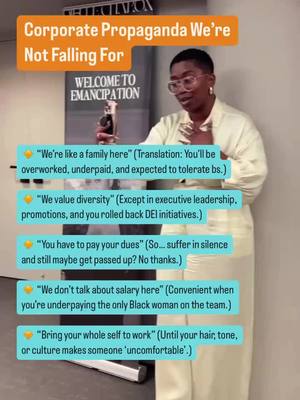 A post by @6figurechickconsulting on TikTok caption: Don't fall for it, sis. 🙃 What's some corporate b.s. you're not falling for? #6FigureChickConsulting #Propaganda #Corporate #DEI #Trend #TheOptimizer #TheAcceleratorMembership #CareerHelp #TipOfTheDay #BlackWomenInTech #BlackTech #FYP #CareerTransition #NewJob #JobHelp #CareerAdvice #ConfidenceBuilding