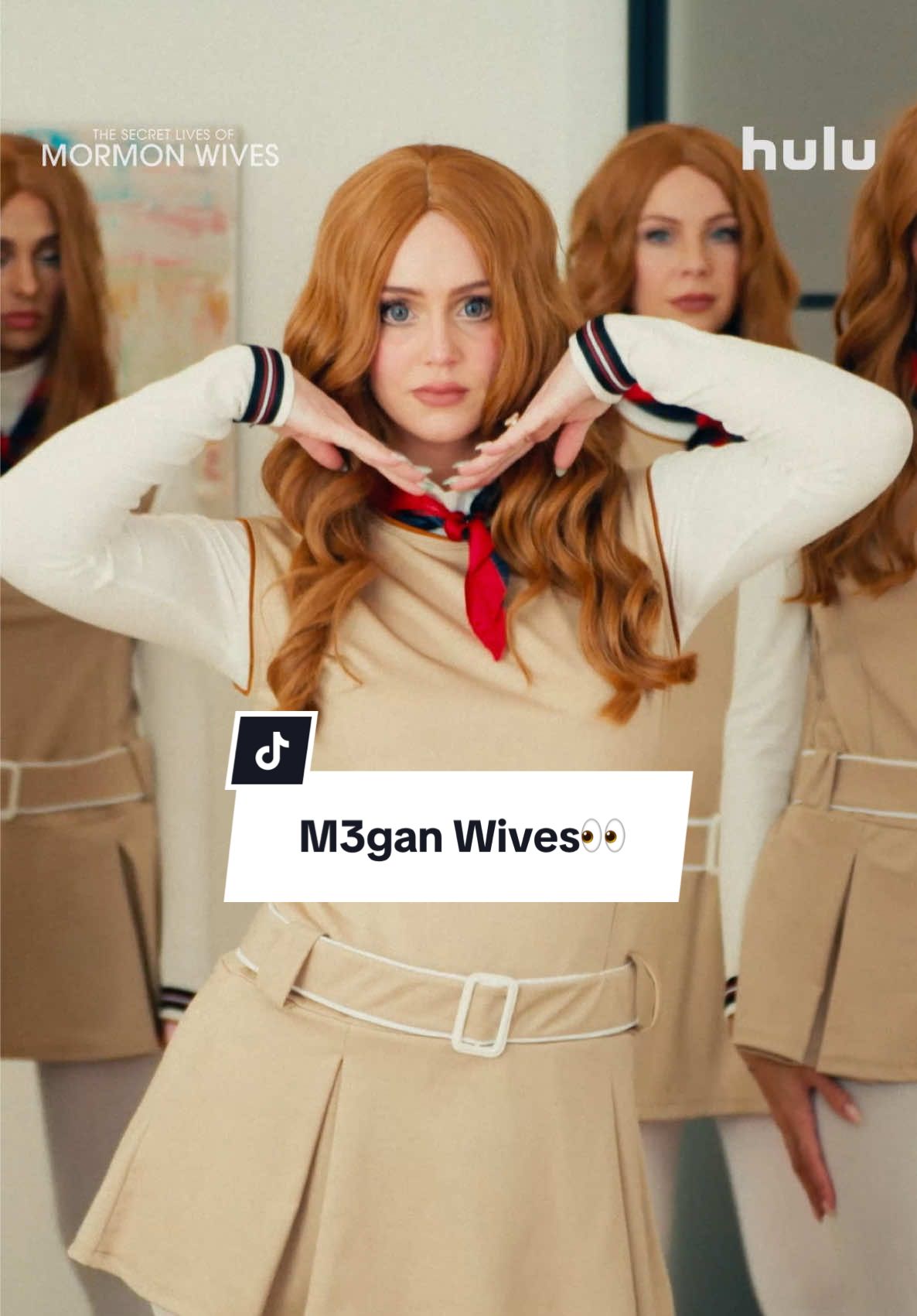 A post by @mikaylamatthews on TikTok caption: The Secret Lives of @M3GAN 2.0 Wives!?👀🙃 M3GAN 2.0 slays in theatres June 27th. Don’t forget to stream #TheSecretLivesofMormonWives now on @hulu #ad