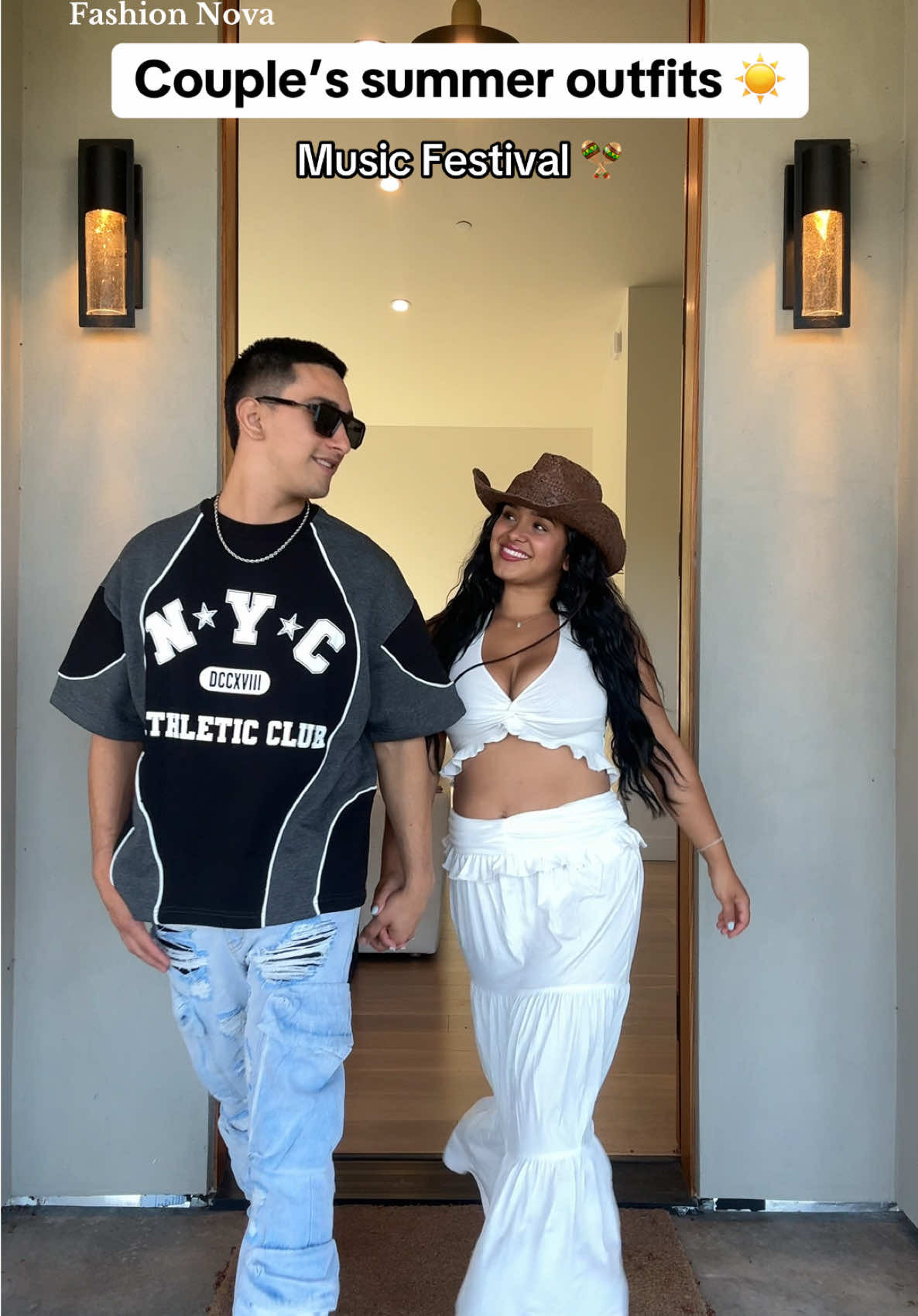 A post by @isaacandandrea9 on TikTok caption: Which is your favorite?😍 @Fashion Nova #fyp #viral #couple  Festival 🎸🪇🥁 - Wanderlust Halter Maxi Skirt Set - Take A Break Cowboy Boots - Let The Show Begin Cowboy Hat - Tyson NYC Athletic Oversized Short Sleeve Tee - Xavier Distressed Stacked Slim Flare Jeans Pool day 🌊🫧🛟 - Endless Beaches One Piece Swimsuit  - Rolling Dice Swim Trunk Day at the fair 🎡🎠🎢 - Cherry On Top Mesh Ruched Blouse - Indio Ripped High Rise Denim Shorts  - Jaxon Short Sleeve Tee - Deylen Cargo Relaxed Shorts S’mores night ⛺️🪵🍫 - His Loss Contrast Trim Top - Tropics Platform Flip Flops - Tyson Heavyweight Oversized Striped Hoodie & Joggers 