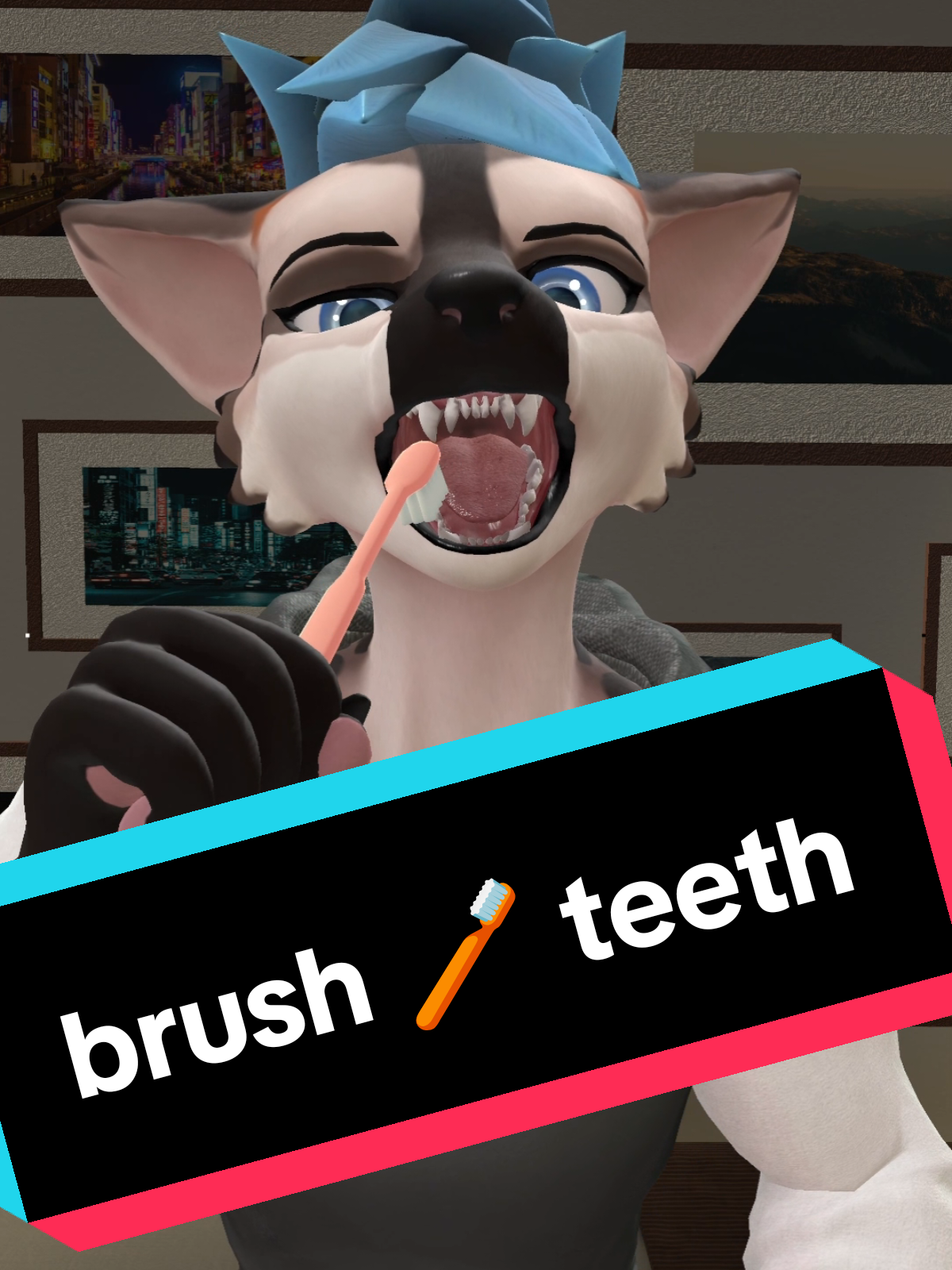 A post by @pupperdavey on TikTok caption: do us all a favor, brush that stinky maw! (with @alphabambi) #hygiene #teeth #toothbrush #personalhygiene #scene #meme #furrymeme #vrchat #vrc #furry 