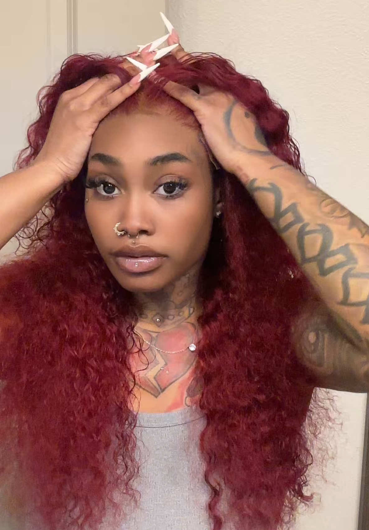 A post by @thekharmalou on TikTok caption: 26 13x6 burgundy unit 🔥❤️‍🔥 Beautiful & love this look, hair from  @VRBest Human Hair #fyp#sterlyhair#humanhair#99jwig#bodywave#99jwiginstall#wiginstall #wiginstalltutorial #wig