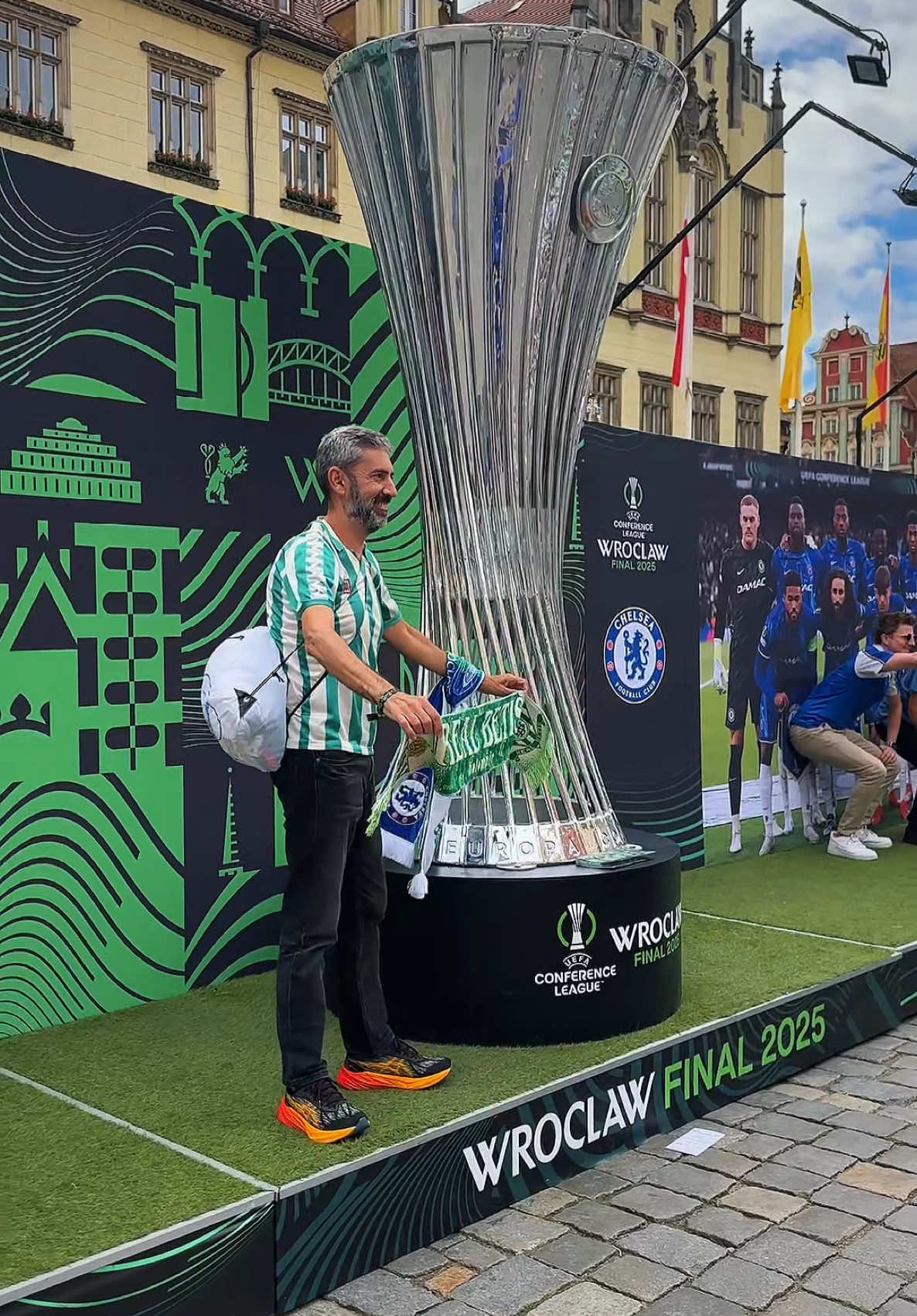 A post by @icsportsuk on TikTok caption: Destination: Wroclaw. Real Betis and Chelsea fans have taken over Wroclaw in Poland for the 2025 UEFA Conference League Final #chelsea #realbetis #conferenceleague #footbal #futbol #footballtiktok #chelseafc 