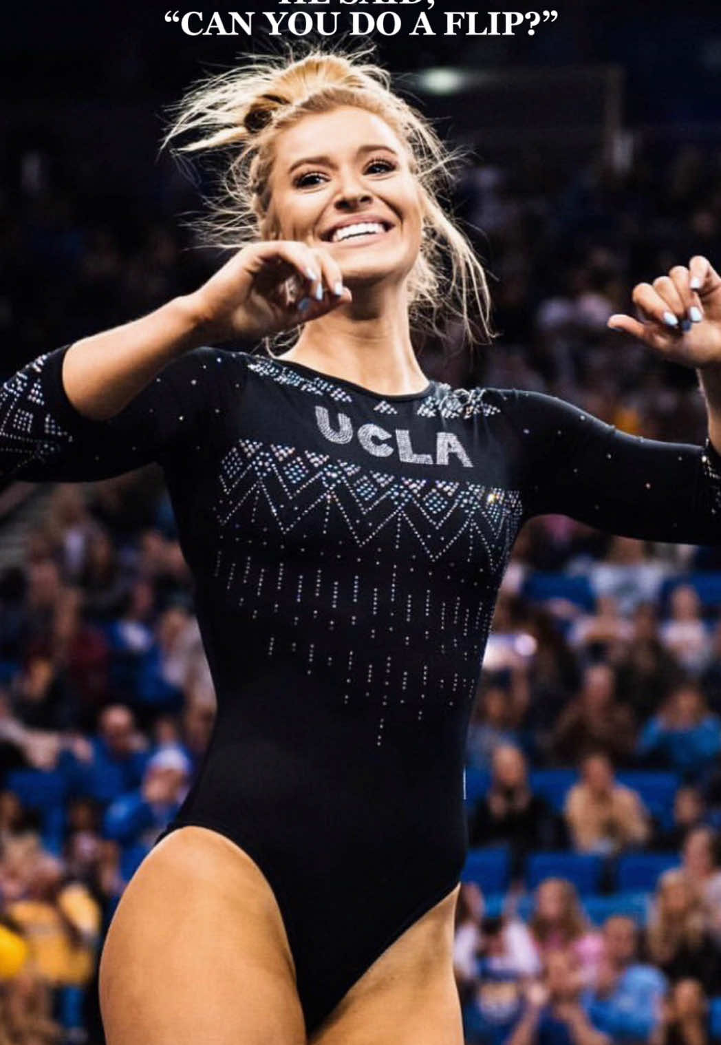 A post by @graciekramer8 on TikTok caption: JUST FLIPPIN’ FOR A LIVIN’🤸🏼✨💅🏽 #airball #trend #gymnastics #flip #ucla #gym #ncaa #champion #floor 