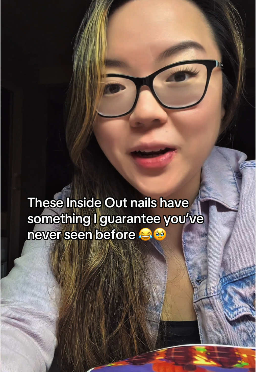 A post by @vivxue on TikTok caption: This nail design describes what went through my mind as I was doing this nail design 😂😂😂 #pressonnails #insideout #insideout2 #pixar #disney #nails #nailart #specialeffects #joy #anxiety #anger 