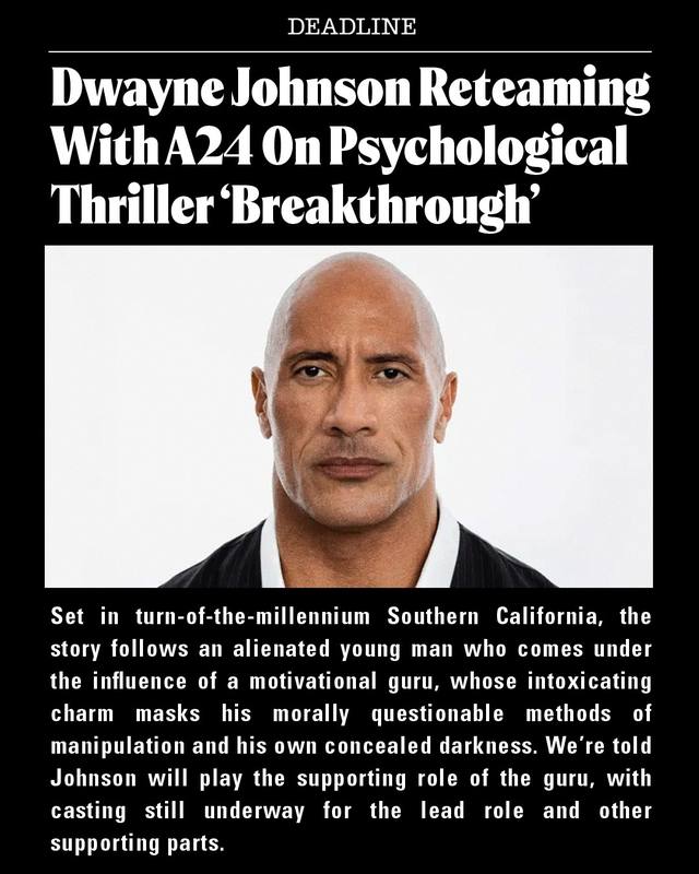 A post by @therock on TikTok caption: The story is a deep dark psychological dive into the culture of motivational “gurus”, and those souls seeking to find their greater purpose in life. It’s a character I can try to unhinge. And perhaps rip open. ps, he likes this song;) @A24 