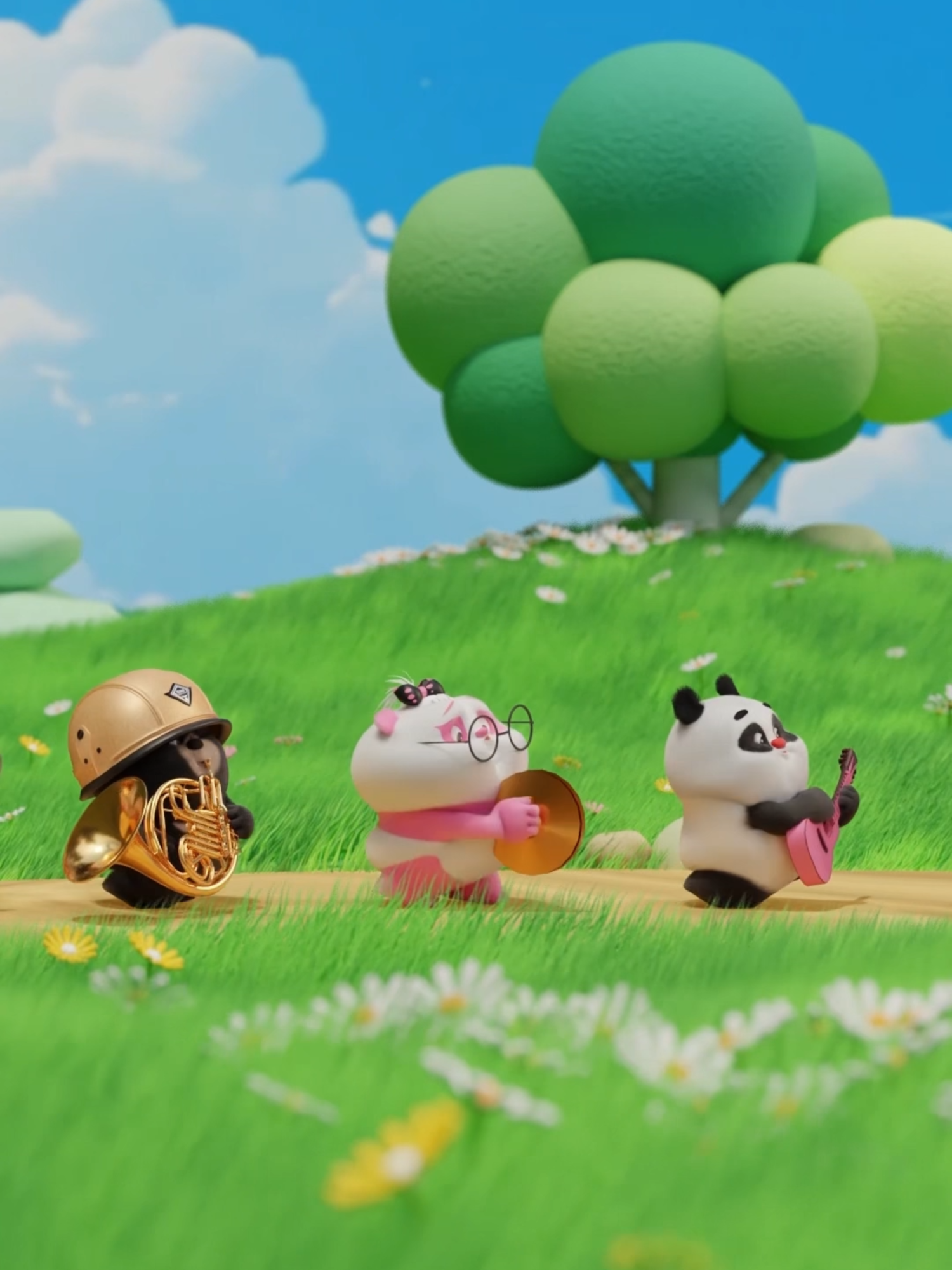 A post by @bamboopandaofficial on TikTok caption: Kawaii Marching Band! 🐼🐻🐼🎀🐻‍❄️ #pandas #bamboopanda #fyp #animation
