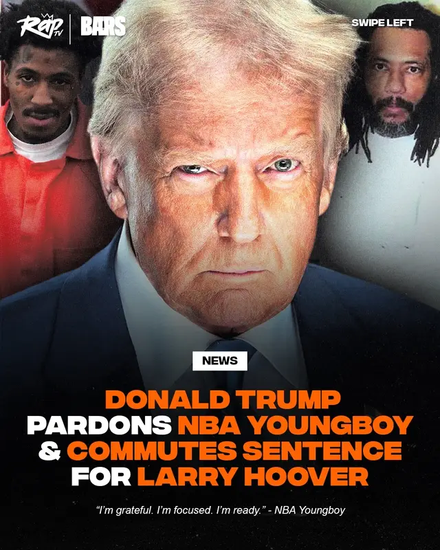 A post by @rap on TikTok caption: President #DonaldTrump has issued a pardon for #NBAYoungboy as well as a commuted sentence for Larry Hoover‼️🙏 #YB posted on IG thanking #Trump for his pardon and the opportunity for a fresh start. #Ye fka #KanyeWest also posted on X thanking #Drake for helping to bring Larry Hoover home. The two of them held a benefit concert in 2021 to advocate for his freedom. What do y'all think about this⁉️🤔