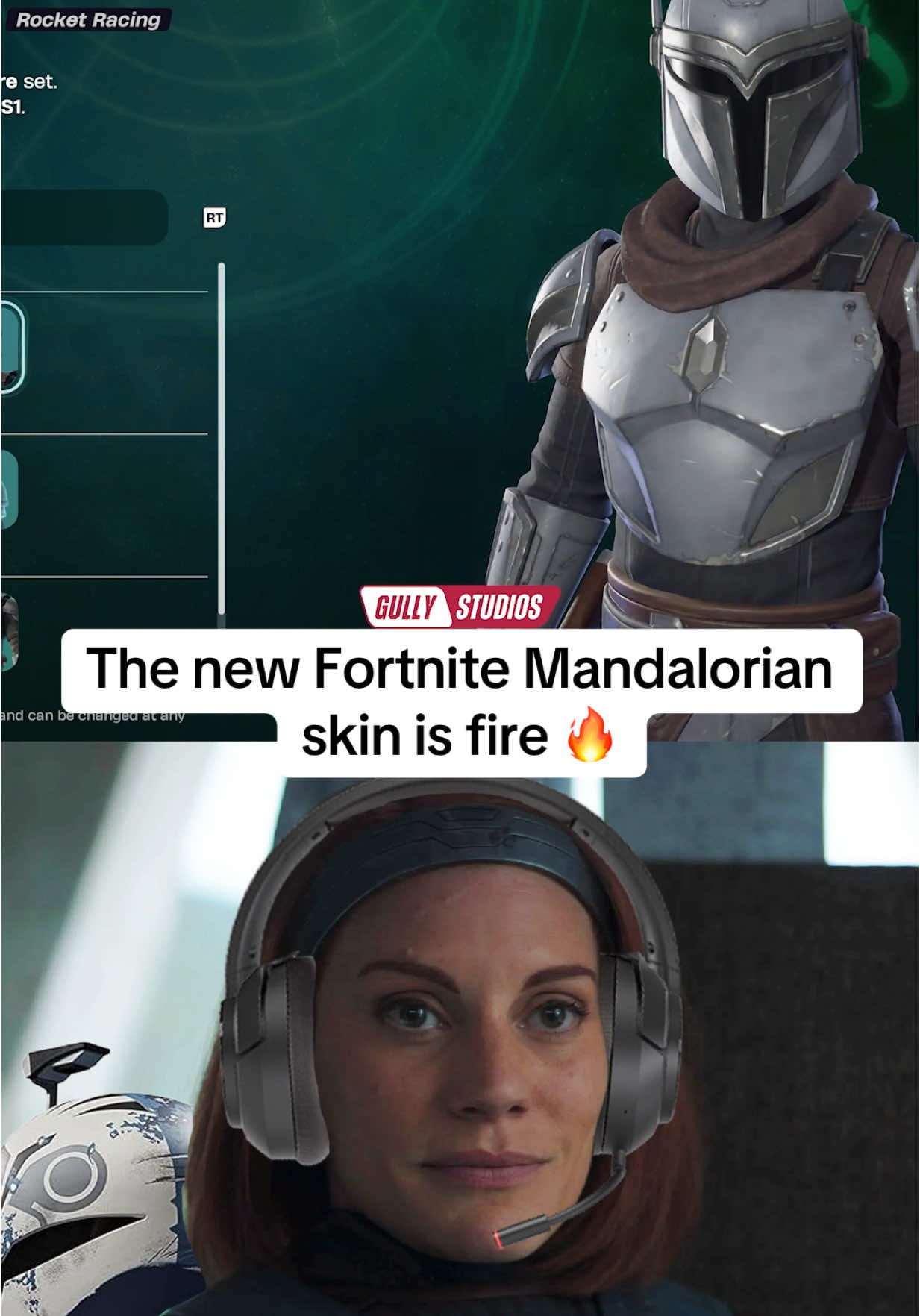 A post by @gullystudios on TikTok caption: Bo Katan, Din Djarin, Boba Fett, Grogu & Moff Gideon react to the new customizable Mandalorian skin in Fortnite #themandalorian #mandalorian #bokatan #bokatankryze #dindjarin #bobafett #moffgideon #grogu #babyyoda #mando #starwars #starwarsfan #starwarsedit #starwarsmemes #starwarsfyp #empire #fortnite #fortnitebr #fortnitebattleroyale #fortniteitemshop #fortniteupdate #fortniteskins #gaming #battlefront2 