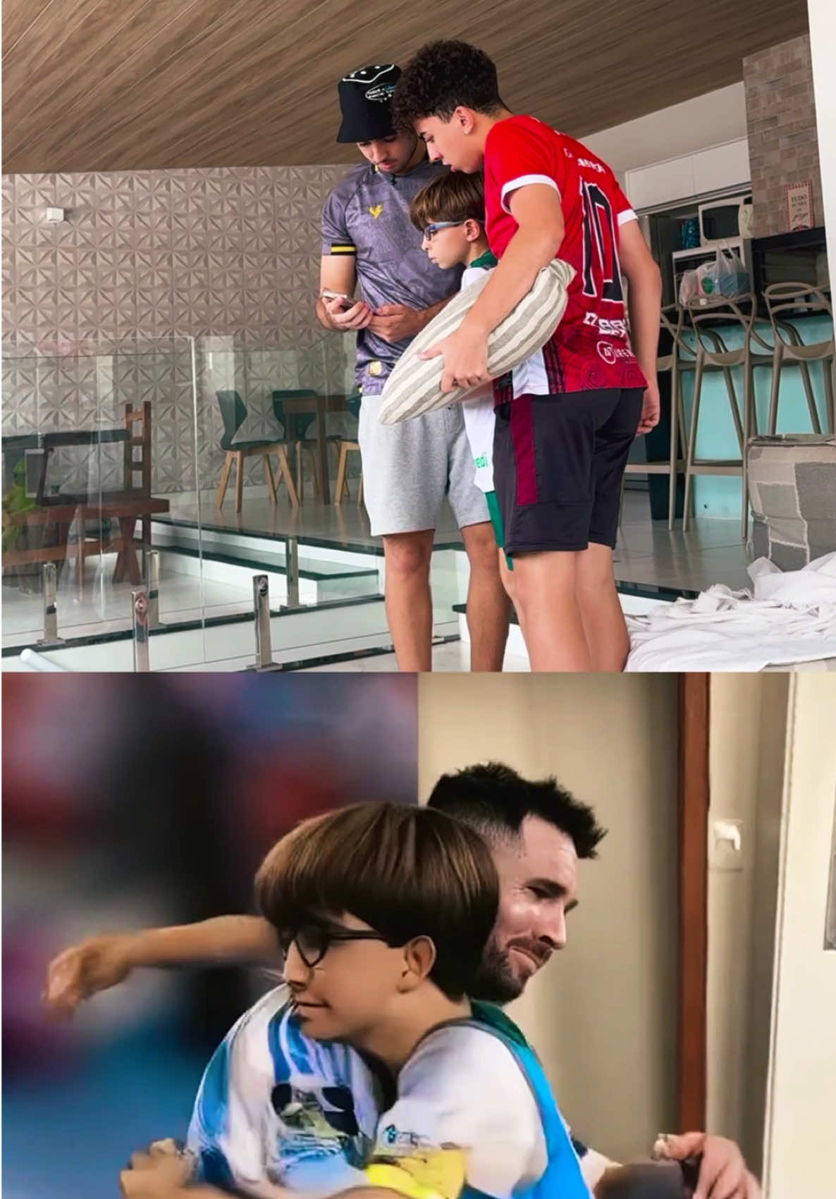 A post by @jaobastos on TikTok caption: Ele abraçando o messi 🤣 #messi #trolagem #irmaos @Davi Bastos 