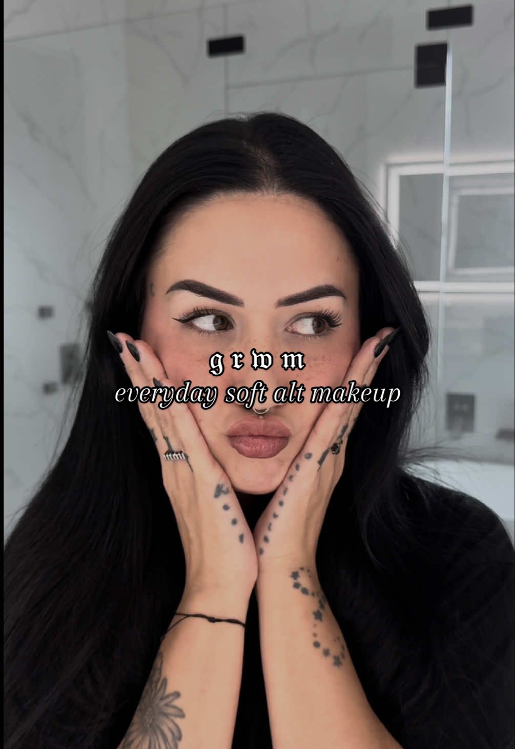 A post by @evdreadful on TikTok caption: my go to “𝑖 𝑔𝑢𝑒𝑠𝑠 𝑖 𝘩𝑎𝑣𝑒 𝑡𝑜 𝑙𝑒𝑎𝑣𝑒 𝑚𝑦 𝑏𝑎𝑡𝑐𝑎𝑣𝑒 𝑡𝑜𝑑𝑎𝑦" look 🦇🖤 Concealer : @IT Cosmetics  Contour: @Charlotte Tilbury  Blush: @Rare Beauty  Powder: @KimChi Chic Beauty  Brows: @NYX Professional Makeup  Eyeliner: @elfcosmetics  Mascara: @rarebeauty  Lipliner: @maccosmetics  #elderemo #altgirl #altmakeup #tut #makeuptutorial #grwm #aesthetic #bruja #routine #florida #wuhluhwuh 