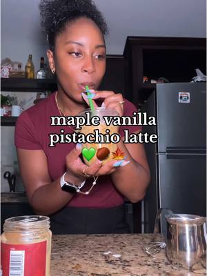 A post by @kmaeleee on TikTok caption: my new fav latte recipe using the nespresso pistachio vanilla espresso pod! #icedlatterecipe #nespressopods #coffeetok 
