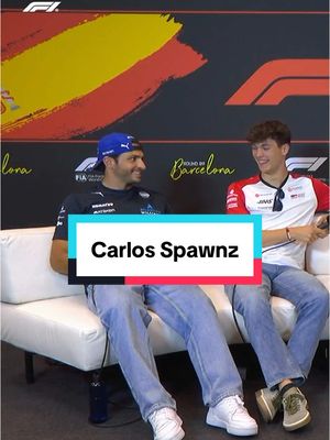 A post by @f1 on TikTok caption: he arrived one second before the press conference started, does this man ever miss with smooth operations? 😅 #F1 #formula1 #sport #spanishgp #spain #barcelona #carlossainz #cod 