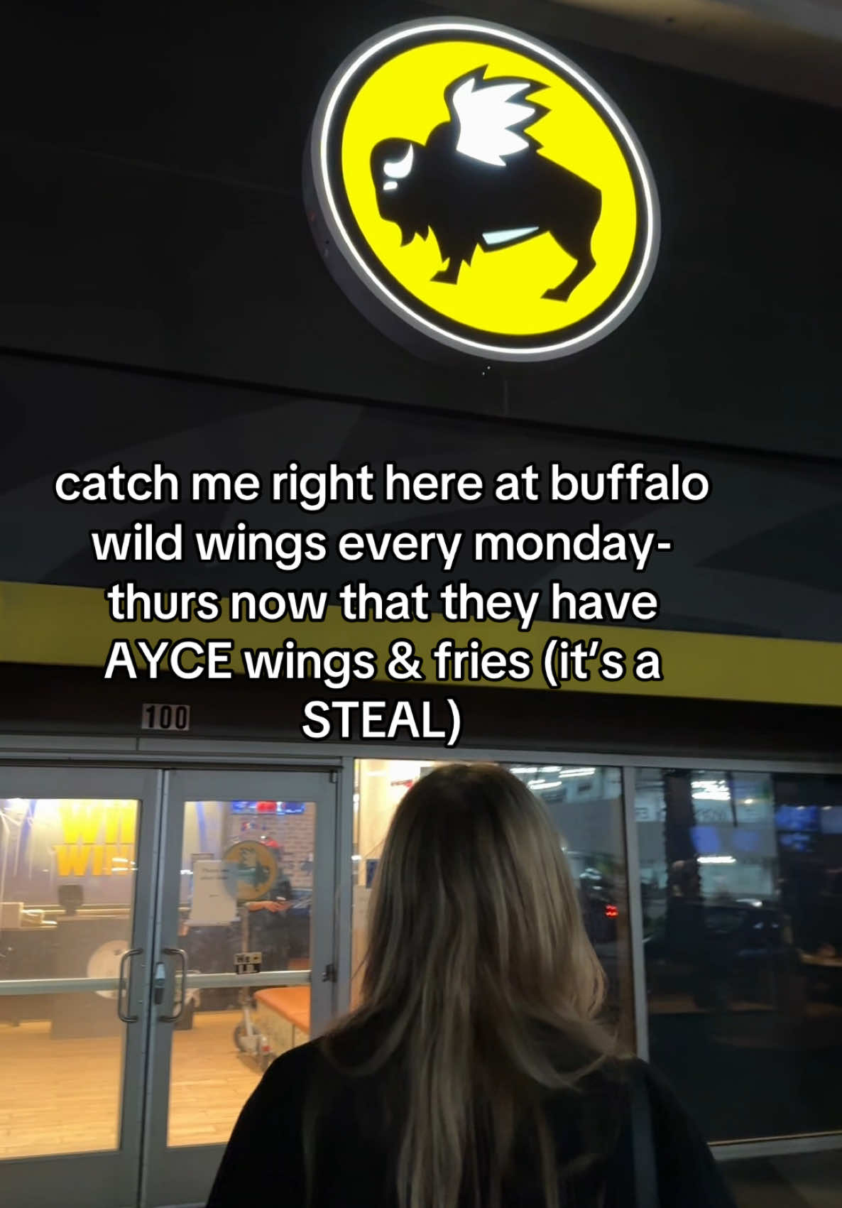 A post by @caroraline on TikTok caption: never lonely at b-dubs 🥹 #buffalowildwingspartner 