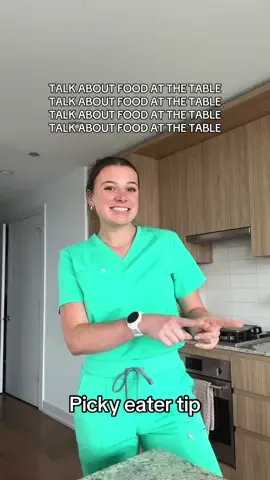 A post by @peds_slp on TikTok caption: Talking about food at the table is a simple strategy but a great one if you are starting solids with your baby or if you have a picky eater! Even if your child isn’t responding yet, they are still listening! #toddlerpickyeaters #toddlermom #toddlertips #toddlereating #pickyeaters #toddlerfeeding #pickyeatingstrategies #pickyeatingtips #pickyeaters #toddlerfeeding #pickyeatingstrategies #pickyeatingtips  picky eating tips, parenting tips, toddler mom tips, getting kids to eat their food, speech language pathologist, feeding therapy example