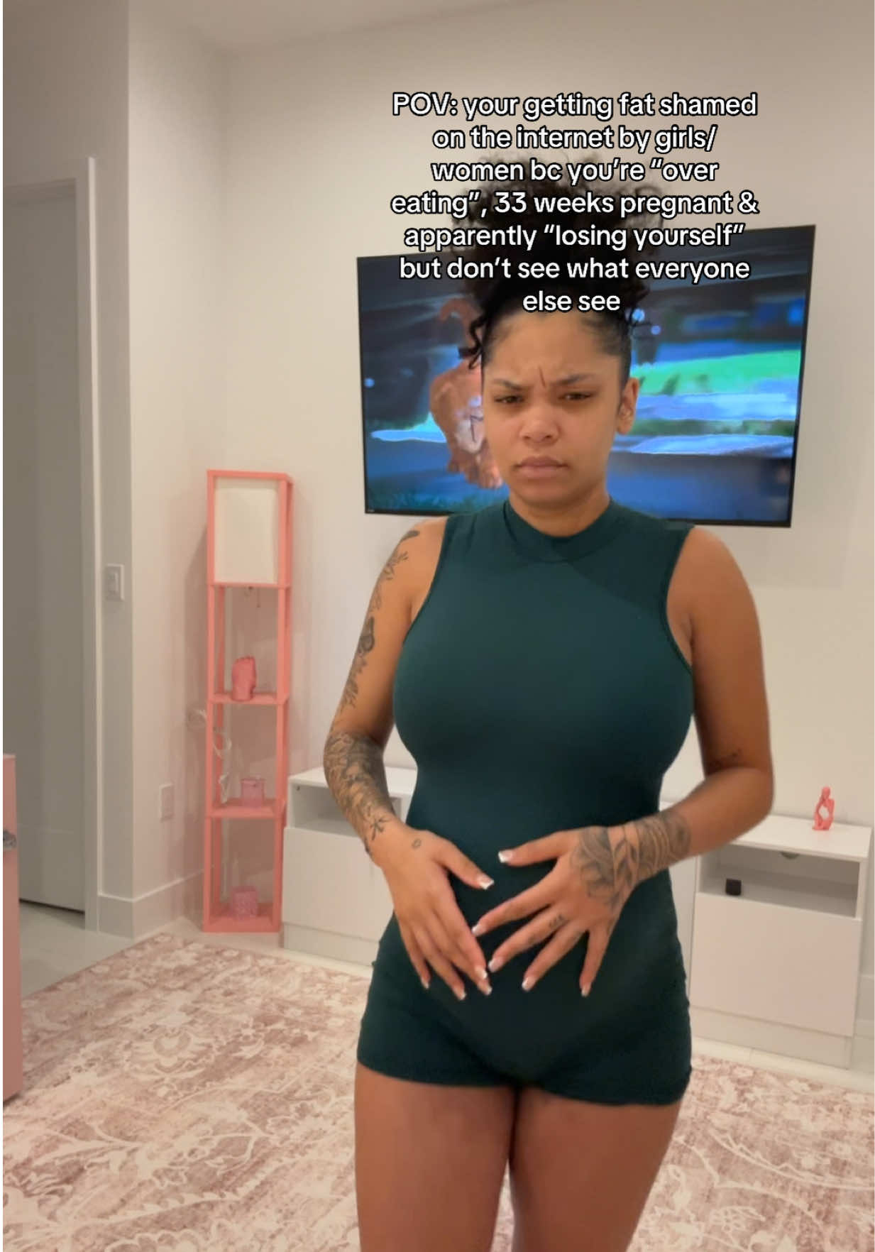 A post by @jessjustbored on TikTok caption: this is NOT a coming back video! this is simply to show how loud and wrong & DISGUSTING social media has become and it’s more disappointing that it’s coming from OTHER WOMEN🤢. everyone should know that YOU HAVE TO GAIN WEIGHT during pregnancy, there is no other way around it. working out will not stop the changes that happens to your body because you are GROWING A HUMAN. Pregnancy is such a beautiful thing and is a gift from God. 🩵 