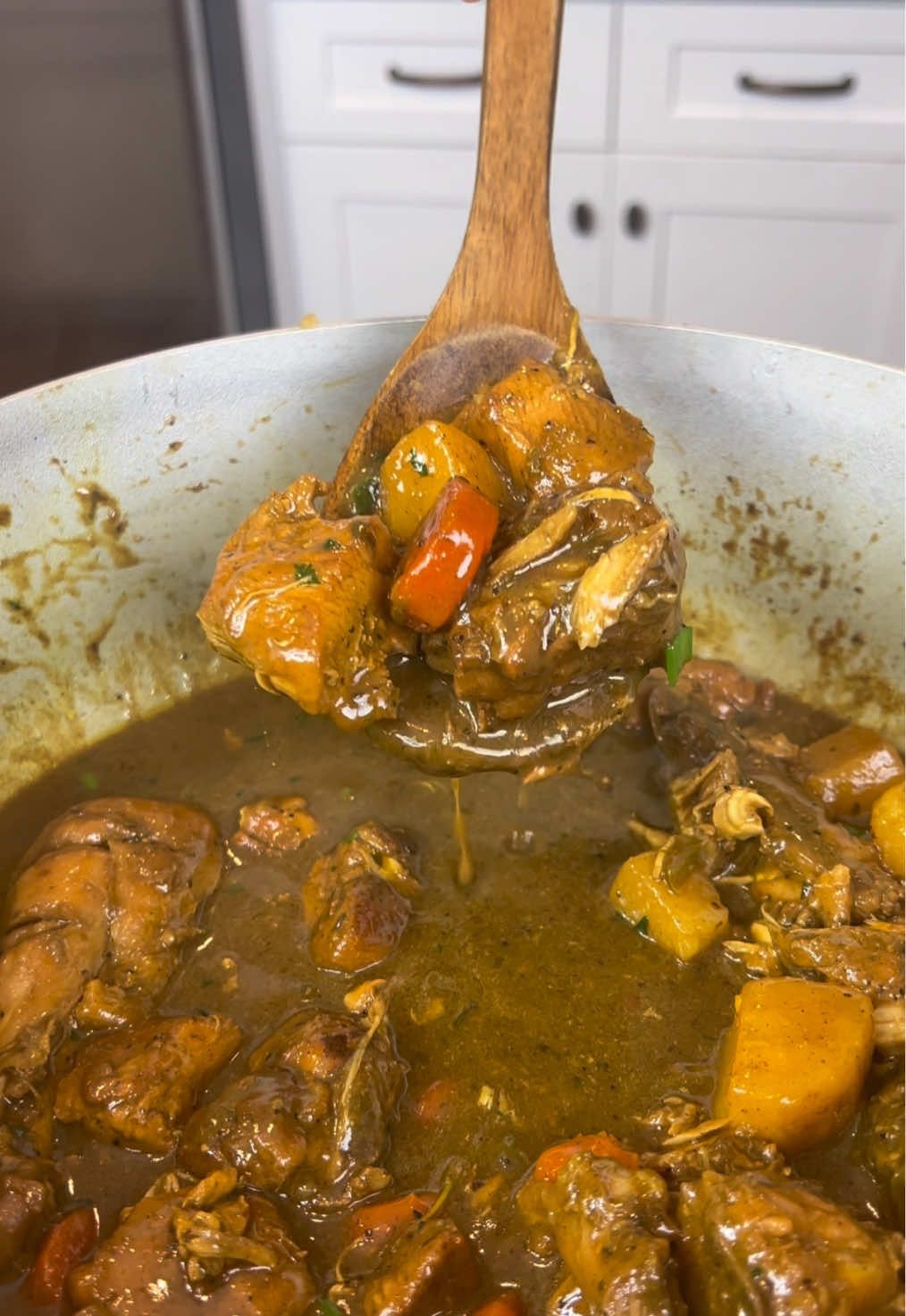 A post by @eatwitzo on TikTok caption: Curry Chicken!  Full ingredient list:  1 whole chicken chopped up (skinless)  1 large russet potato cubed  1-2 whole carrots sliced  1 scotch bonnet pepper (or habanero)  1/2 green bell pepper diced  1/2 red bell pepper diced  2 crushed garlic cloves 2-3 thyme sprigs  1-2 cups water  1/2-1 cup coconut milk  1-2 tbsp curry powder  1-2 tbsp adobo (or all purpose seasoning)  2 tsp black pepper  1 1/2 tsp sazon  Recipe notes:  1. Depending on the size of the chicken seasoning make vary! Feel free to adjust to your preference (taste as you go and add layers of flavor!)  2. For less heat you can substitute the scotch bonnet for a tsp or two of cayenne pepper!  3. The chicken does not need long to cook, depending on the amount 45 minutes to an hour and 15 is plenty of time!  4. If your sauce does not thicken on its own add a cornstarch slurry towards the end of the cook to help! #currychicken #comfortfood #eatwitzo 