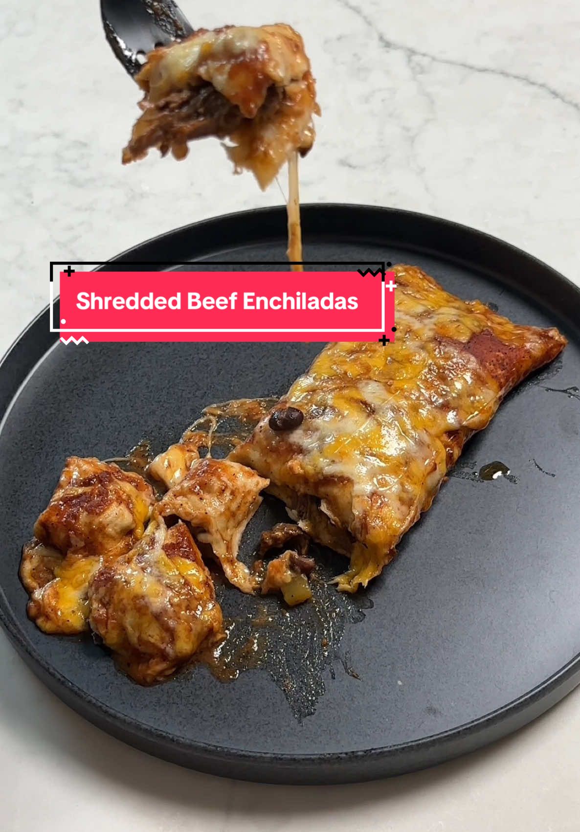 A post by @arielwinter on TikTok caption: Shredded Beef Enchiladas Inspired by Buratta and Bubbles 🤤 Enchilada Sauce: 3tbsp all purpose flour 3tbsp chili powder 1.5tbsp Chipotle smoked red jalapeño powder 1.5tbsp Cayenne pepper 1tbsp Chili lime seasoning 3c chicken stock 1 (15oz) can tomato sauce 3tbsp Mexican Seasoning 2tsp cocoa powder 2tsp ground cumin 1tsp roasted garlic powder 1tsp espresso powder 1tbsp Hot paprika 1tbsp Smoked paprika 1tsp onion powder 1tsp oregano 1/2tsp cinnamon Salt Enchiladas: Enchilada sauce Carne Asada from Trader Joes— you will pressure cook it 🤤 Flour Tortillas Thick cut 3 cheese Mexican shredded cheese Medium diced roasted green chilis Red onion Black beans— drained and rinsed In a dry skillet over medium heat, add flour and chili powders and whisk constantly for about 5 minutes. Then slowly stir in the stock and continue to whisk so the flour doesn’t clump. Add the tomato sauce and the rest of the powders and seasonings. Cook until the sauce thickens— about 10-15 minutes. Taste to make sure the sauce is to your liking or add more seasonings, then set aside once you’re satisfied. Time to bring out your pressure cooker!!!! Or you can slow cook it in the oven but pressure cooking is soooooooooooooo much faster and easier in my opinion! Add the onions, meat and just enough of the enchilada sauce to cover the meat to the pressure cooker. You want to reserve enough sauce to cover the top of the enchiladas. If you don’t have enough to cover the meat, you can make up the difference in the pressure cooker with water. Close the lid and set your pressure cooker for an hour and 15 minutes. In a little pan, add the black beans and diced green chilis with a little bit of the enchilada sauce and heat. Set aside. Once the meat is done, discard the liquid and shred all of it on a plate or a cutting board. Bring out your baking dish and grease it with cooking spray. Place a very thin layer of enchilada sauce on the bottom. On a separate plate, place a tortilla down and begin to assemble: meat, beans + chilis and cheese in the center. Fold each side of the tortilla toward the center to roll the enchilada and place seam side down in the baking pan. Repeat until you are out of meat. Top the enchiladas with the remaining enchilada sauce and a lot of cheese. Bake for 20 minutes and then broil for the last minute or two to realllllllllllyyyyyy get your cheese nice and melty! Let it sit for a few minutes out of the oven before serving, then add whatever toppings you like!!!! Enjoy!!!! #enchiladas #weeknightdinner 