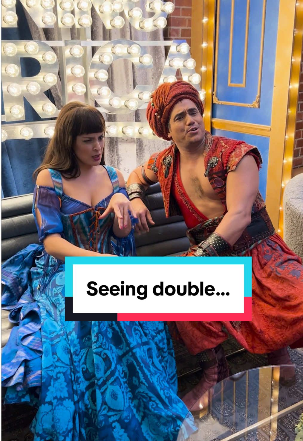 A post by @disneyonbroadway on TikTok caption: Did we do this right? 🫣 Welcome back Courtney and Adam. @Good Morning America ✨ #disneyonbroadway #aladdin #broadway #nyc #fyp 