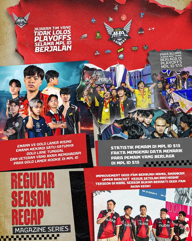 A post by @mpl.id.official on TikTok caption: Regular Season MPL ID S15 jadi panggung penuh kejutan! 🔥 Dari kebangkitan Geek Fam yang luar biasa, duel panas Emann lawan para gold laner rookie, hingga statistik mengejutkan dari pemain yang timnya tak lolos playoff.✨ Swipe dan baca lebih lengkap info menariknya di poster berikut!☝🏻🔥 #WeOwnThis #MPLIDS15 #NarasiMPL