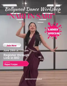 A post by @rajaniyonjan on TikTok caption: ✨ Ladies, it’s your time to shine! ✨ Join me for a fabulous workshop filled with dance, laughter, and sisterhood. Wear your favorite easy-to-move-in sari — so you can twirl, groove, and glow with other amazing women! 💃🏽💕 This special day is designed just for you, with all the fun and elegance you deserve. Don’t wait — spots are limited, and they’re going fast! 📍 Click the link in bio to register now. We can’t wait to dance with you! 🌸 #danceroomglobal #danceroomglobal #bollywooddancedanceworkshop #saridanceworkshopindallas