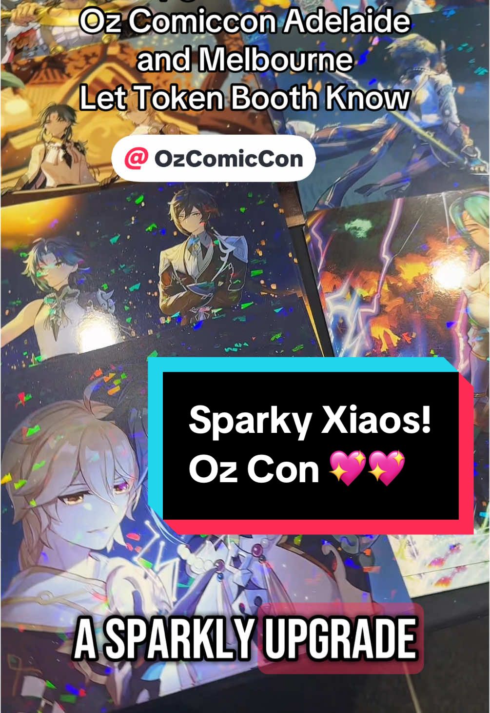 A post by @lailaberzinsvoice on TikTok caption: Going to @OzComicCon #adelaide or #melbourne ? Upgrade your prints at the token booth from #holographic or large prints! Huzzah! . . . . #xiao #xiaogenshinimpact #genshinimpactxiao #thor #fireemblem #demeter #persephone #hades #ozcomiccon #australia 