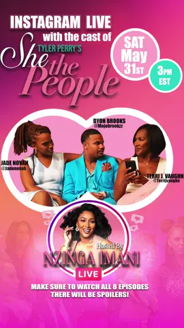 A post by @jadenovahofficial on TikTok caption: Are you loving She the People? We the people (@TerriJVaughn, @MojoBrookzz @JadeNovah) are going live TODAY @ 3pm ET on Instagram to talk about all 8 episodes of She the People. Hosted by @NzingaImani of Tyler Perry's Fatima! Drop your questions here so we can answer them in the live!