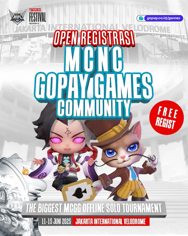 A post by @mpl.id.official on TikTok caption: 🔥 Pendaftaran Dibuka Secara GRATIS🔥 MCNC GoPay Games Community siap digelar di MPL ID S15 Festival! 🎮 Daftarkan dirimu sekarang dan rebut total hadiah Rp30.000.000! Link pendaftaran : https://forms.gle/uMmrqFmac4c87kFc9 Jangan sampai ketinggalan! 🚀 #MCNCGoPay  #MPLIDS15 #MPLIDS15FESTIVAL #mplids15playoffs #landoffun #weownthis 