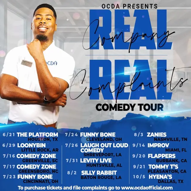 A post by @calimar_whit3 on TikTok caption: Blessings on Blessings!! Comedy ain’t comedy if Ratliff ain’t on the road delivering jokes 🔥🎤 NEW CITIES AND NEW JOBS TO GO TO‼️🙌🏾 Yall go to our website and get them tickets and file yall complaints now!! Oh and we looking to bring a permanent videographer on the road with us so if that’s you then tap in 📸 ✅ #OCDA #comedy #funny #viral #explore