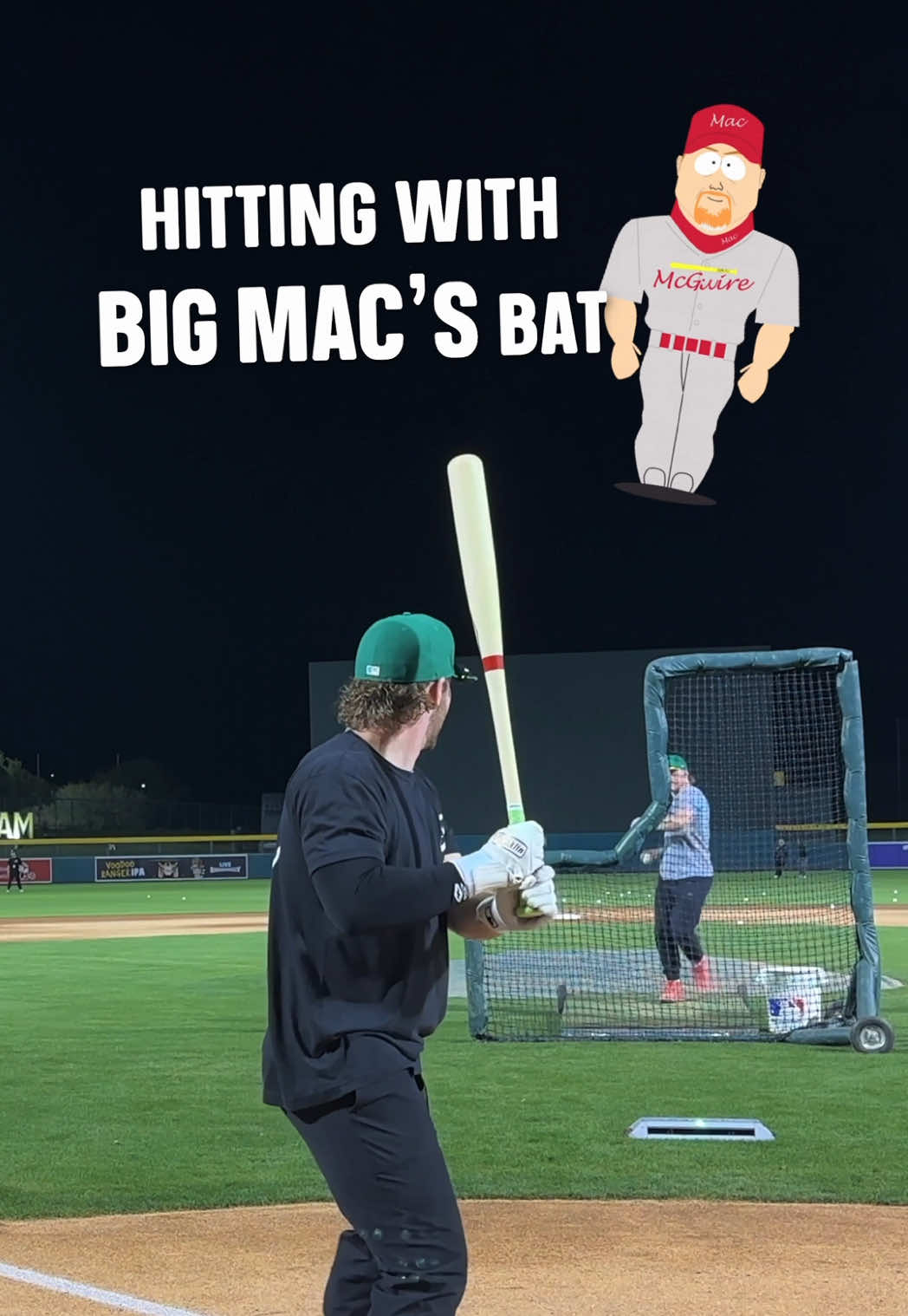 A post by @baseballbatbros on TikTok caption: Hitting with MARK MCGWIRE’s bat. @Athletics  #baseball #baseballtiktoks 