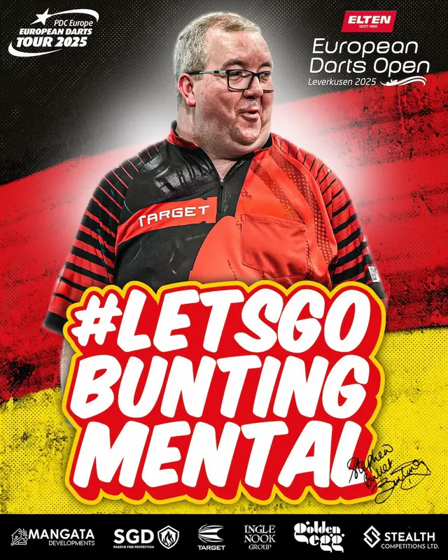 A post by @bunting180 on TikTok caption: Arrived at the venue, time to hit the practice board 🤞🏼🙏 🇩🇪 #LetsGoBuntingMental
