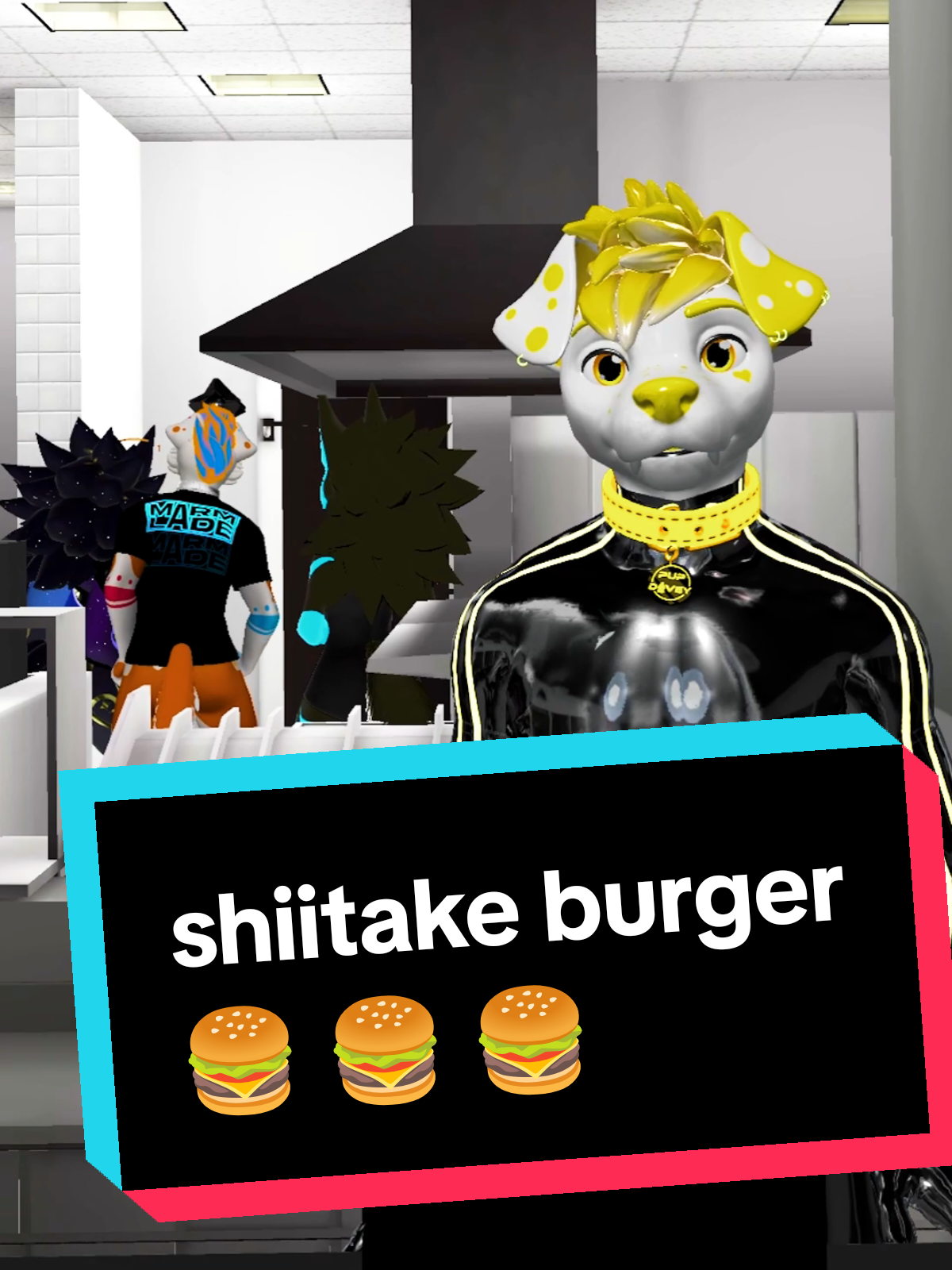 A post by @pupperdavey on TikTok caption: it's not on the menu but we do it on request! (with @Vryionic @nameless @DarkWusky @marmalade) #sketchcomedy #memestiktok #fyp #fastfoodworkers #burger #vrc #vrchat #furrymemes #furry 