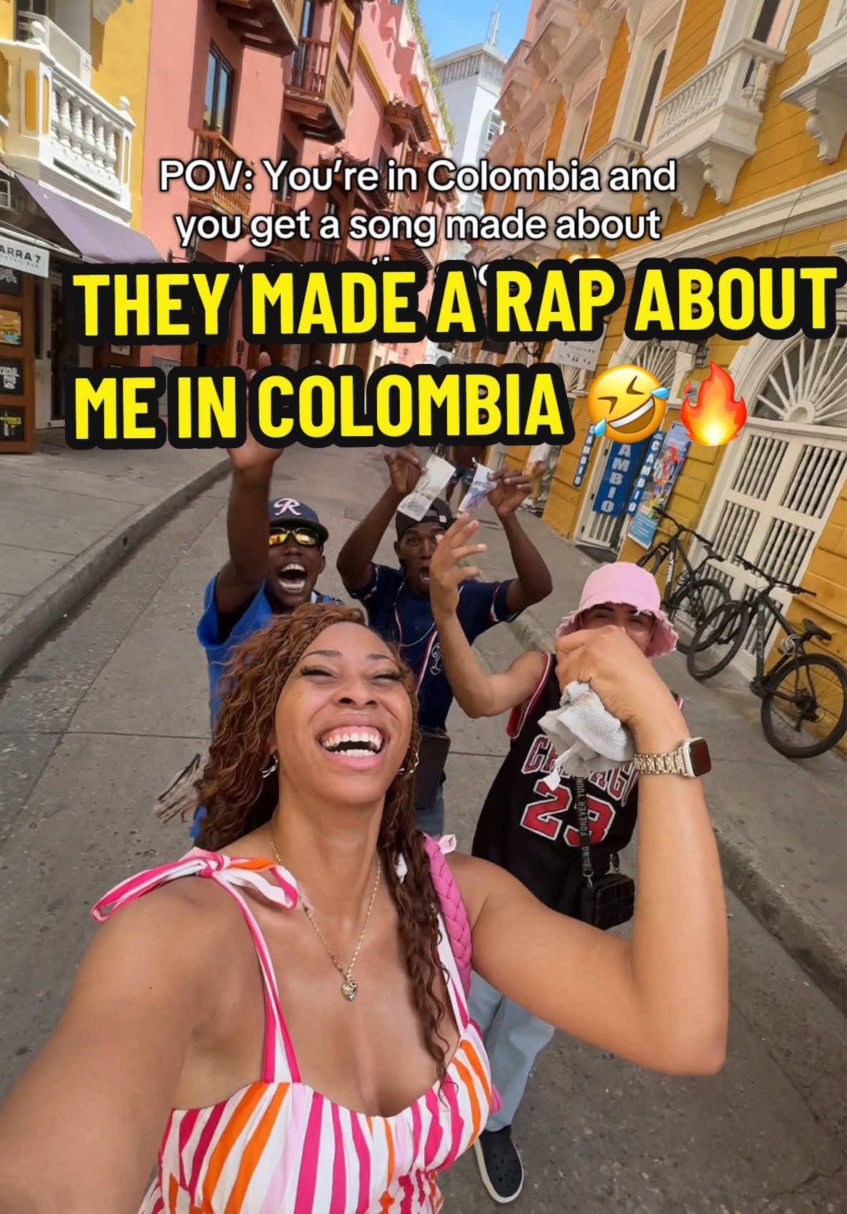 A post by @dreaknowsbest on TikTok caption: A whole rap song on the spot , that’s best way to be welcomed to Colombia 🤣🔥!!  The street rappers in Cartagena are the best hype men haha  🇨🇴 Shakara and Drea the Boss 💃🏽 #cartagena #colombia #traveltok #Rap #tourist 